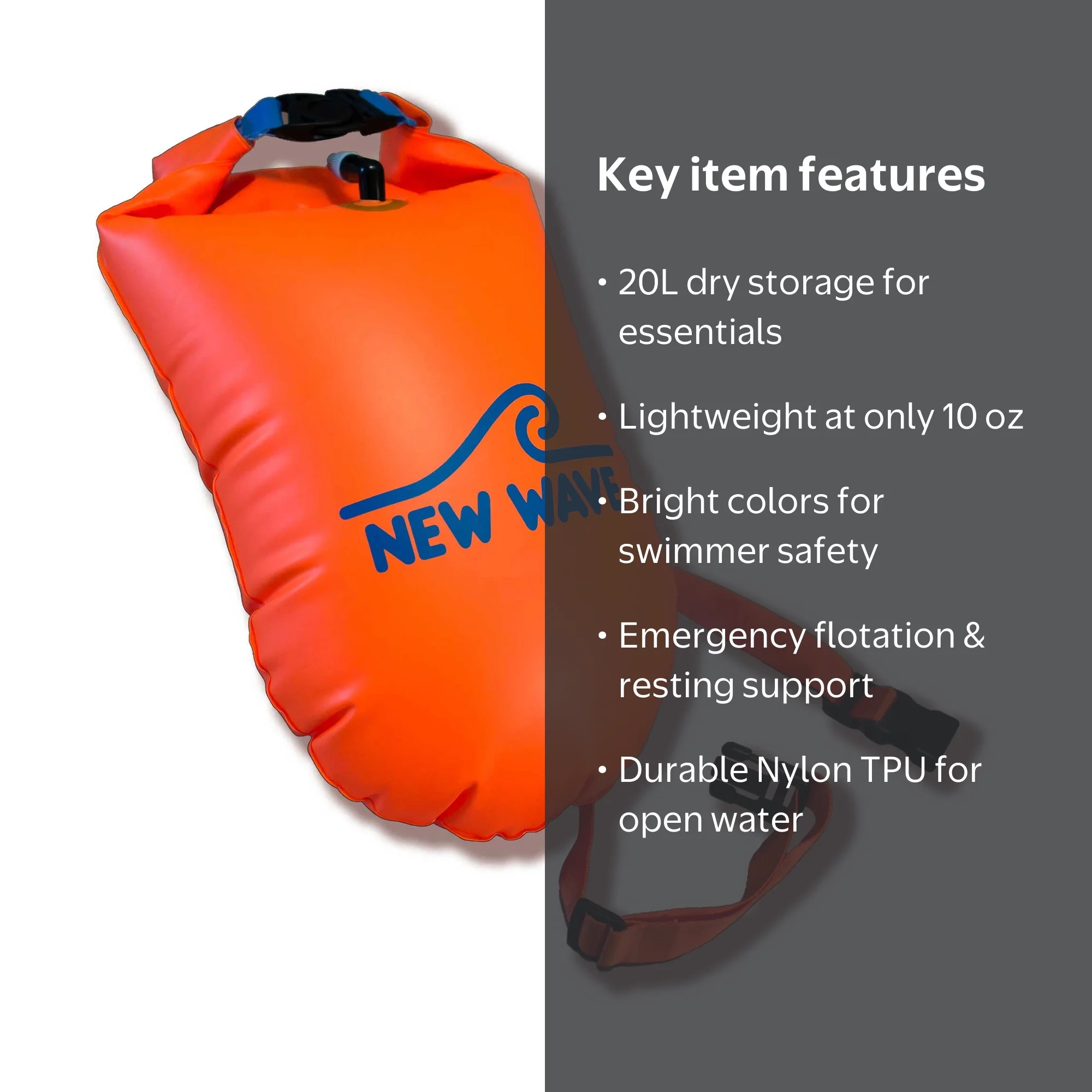 New Wave Safety Swim Buoy - 20L Orange Drybag - Boat Flotation