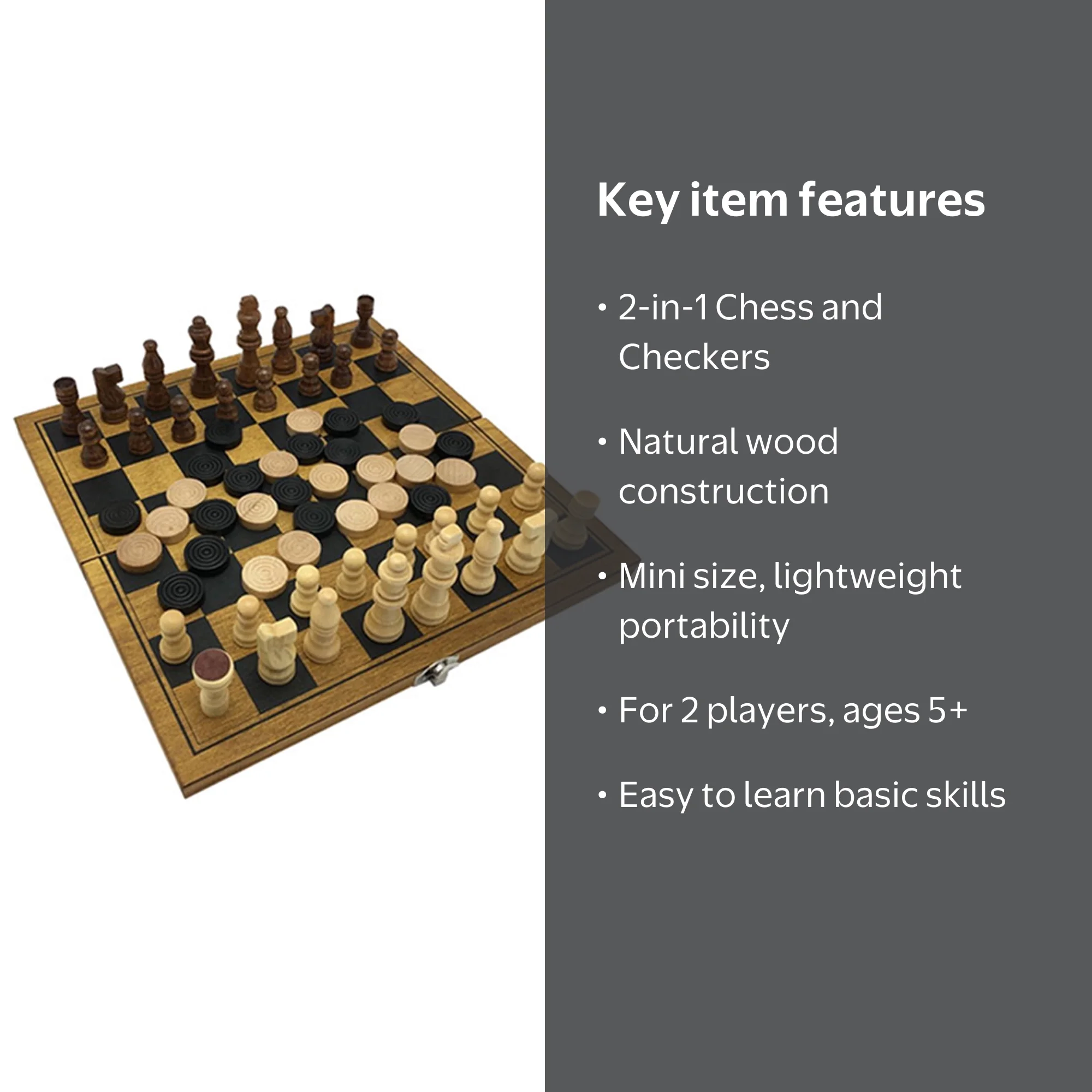 Zummy Natural Wooden 2 in 1 Chess and Checkers Game Puzzle - Mini