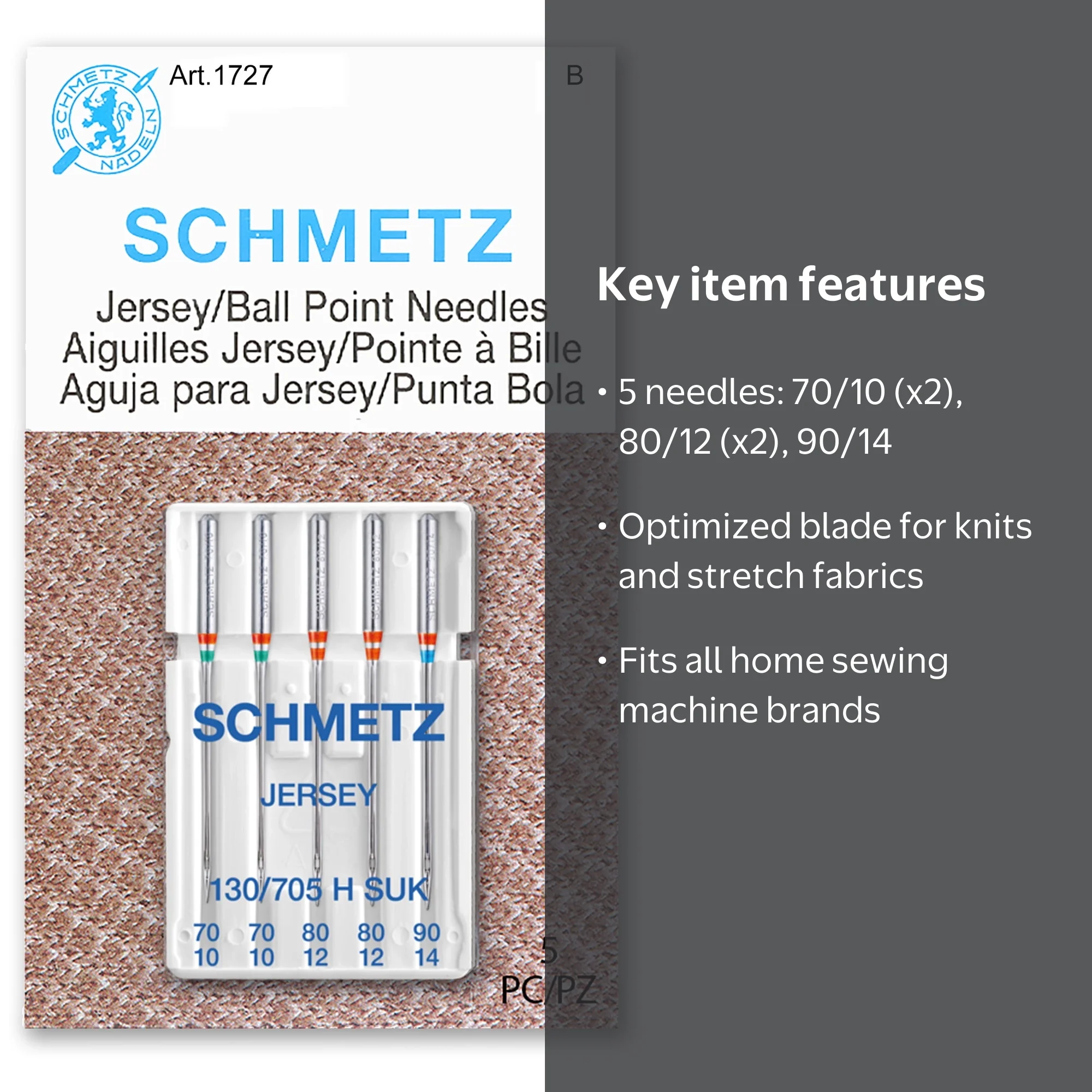 Schmetz Jersey Sewing Machine Needles, Sizes 70/10-90/14, 5ct