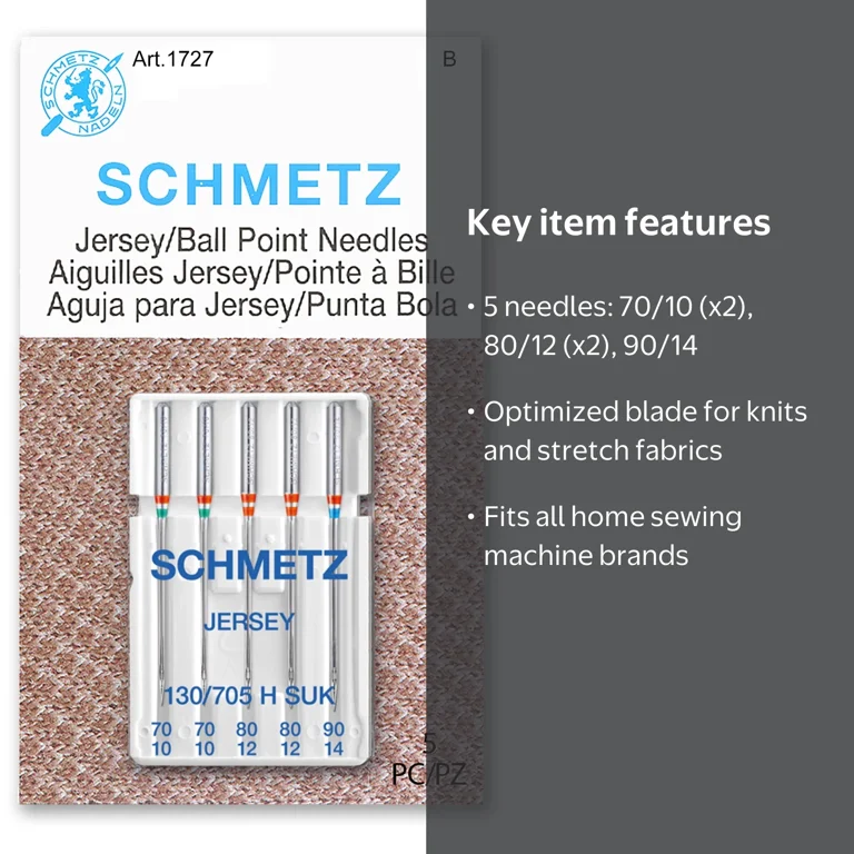 Schmetz Jersey Sewing Machine Needles, Sizes 70/10-90/14, 5ct