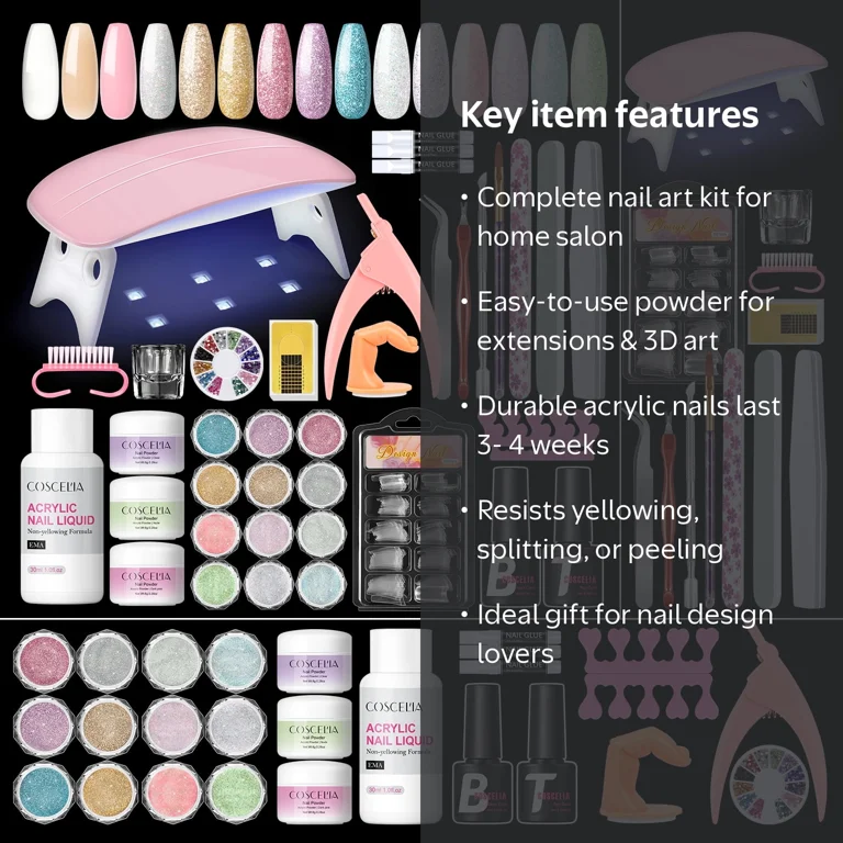 Coscelia Acrylic Nail Kit with UV Light, 12PC Glitter Decorations