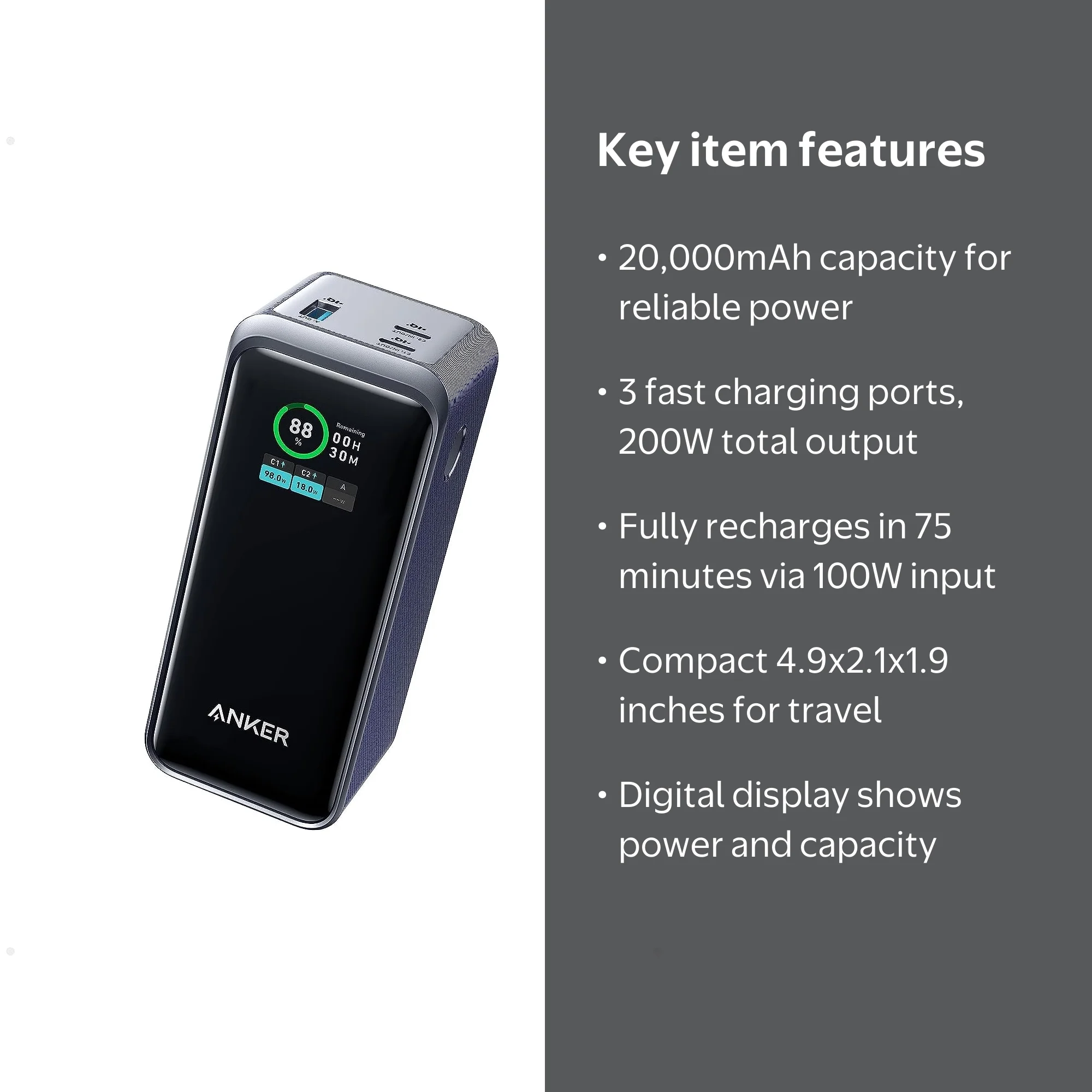 Anker, Power Bank, 20k mAh, 200W with 2 USB C Ports - Walmart.com