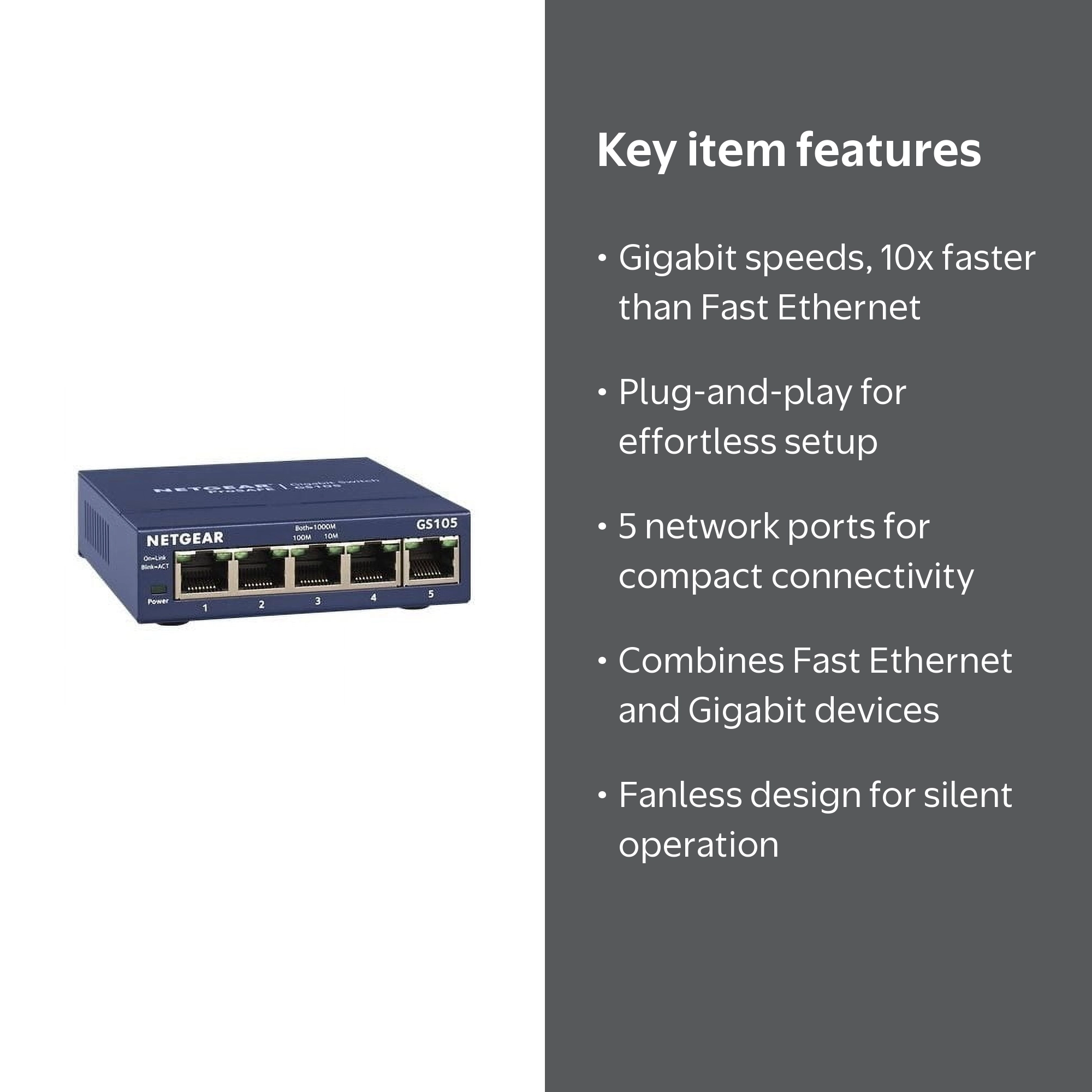 NETGEAR 5-Port Gigabit Ethernet Switch, Desktop, Auto Duplex, Auto
