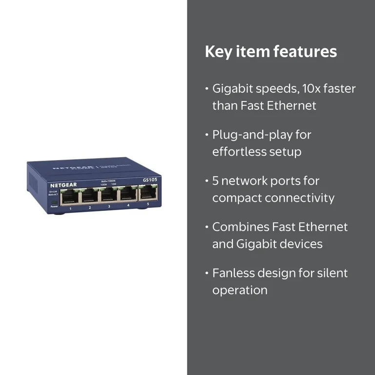 NETGEAR 5-Port Gigabit Ethernet Switch, Desktop, Auto Duplex, Auto
