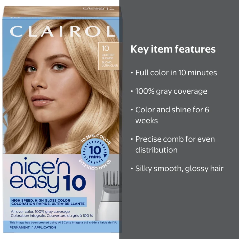 Clairol Nice'n Easy10 Permanent Hair Color Cream, 10 Lightest