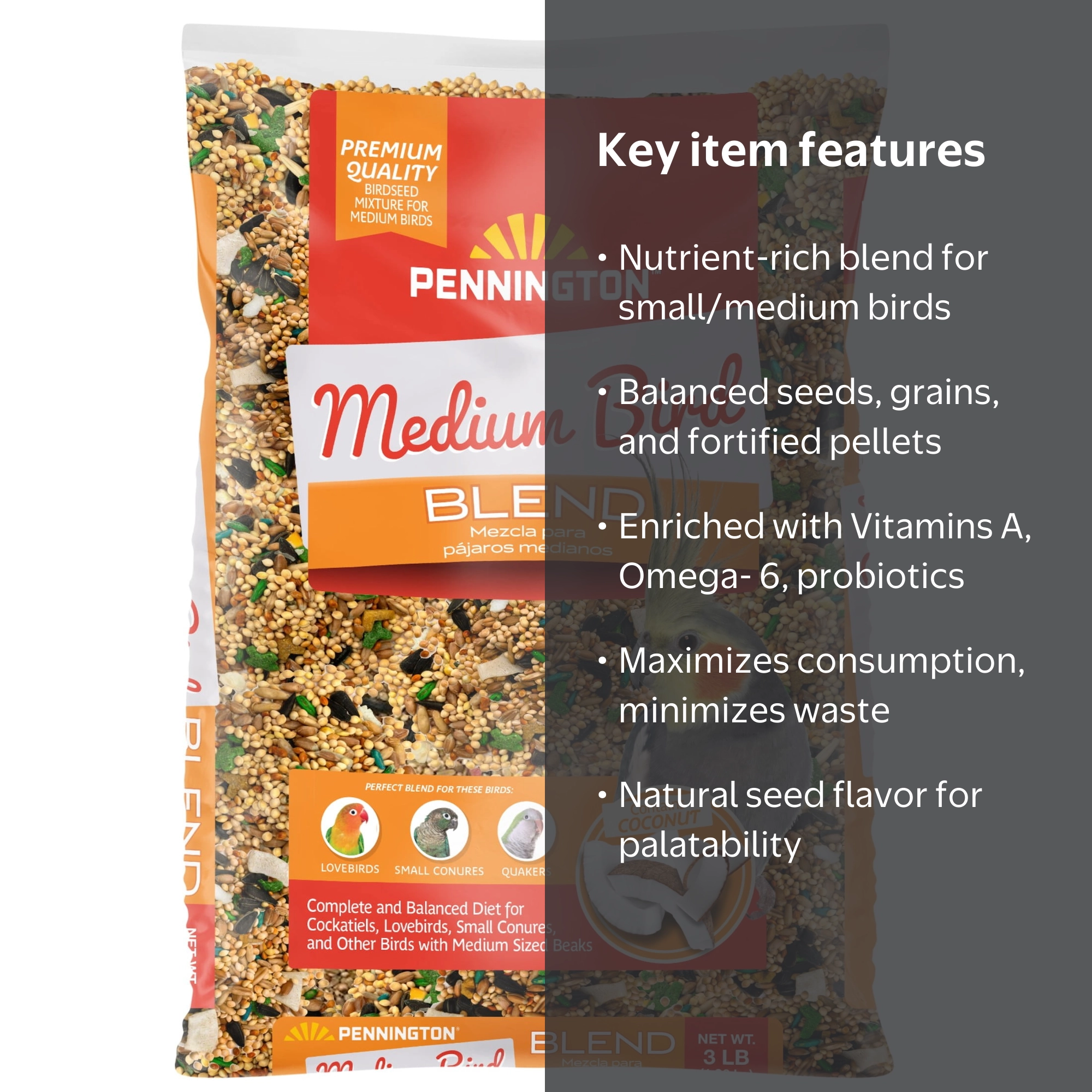 Pennington Medium Bird Blend Bird Food for Cockatiels, Love Birds
