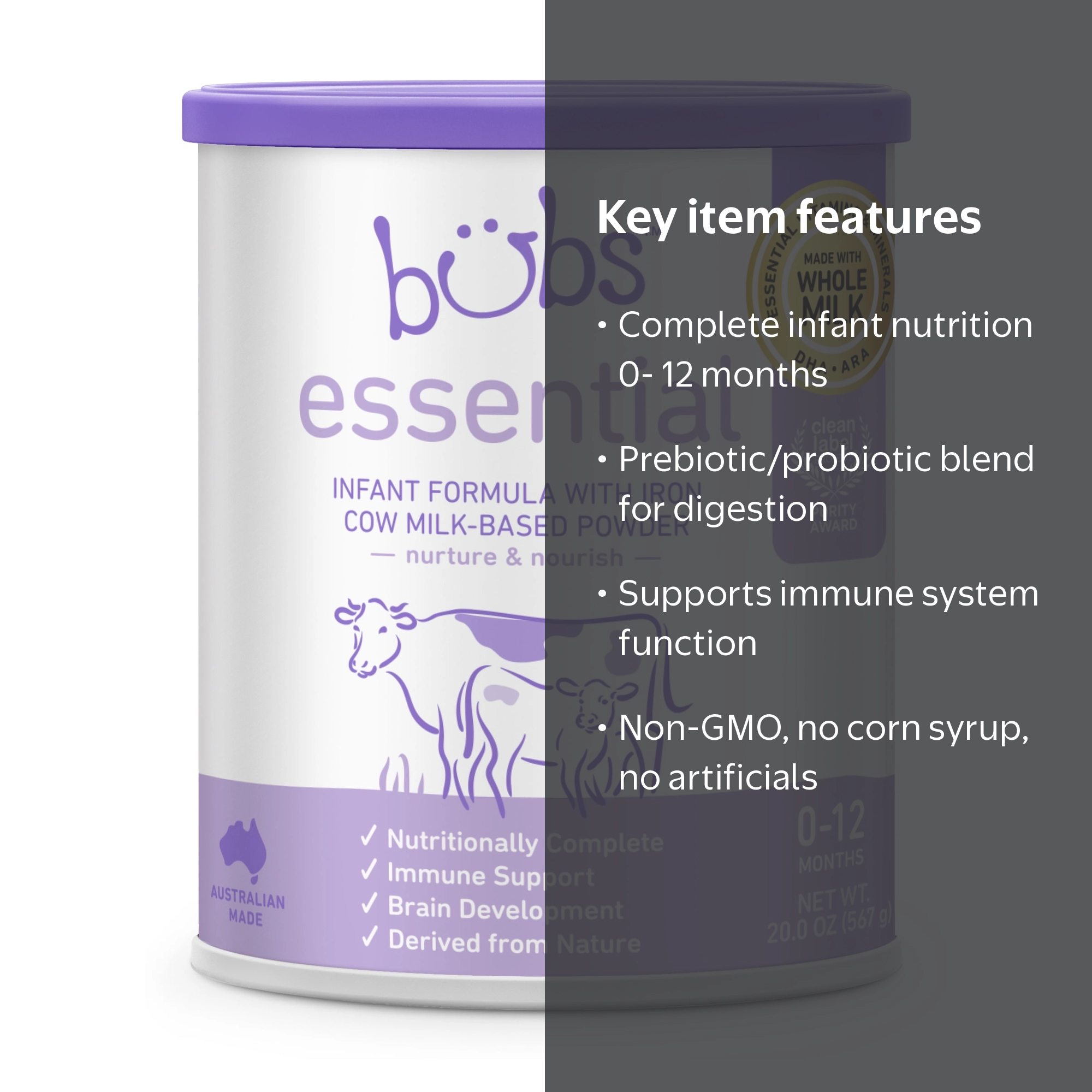 Bubs Essential Baby Formula with Iron, Cow Milk-Based, for Infants