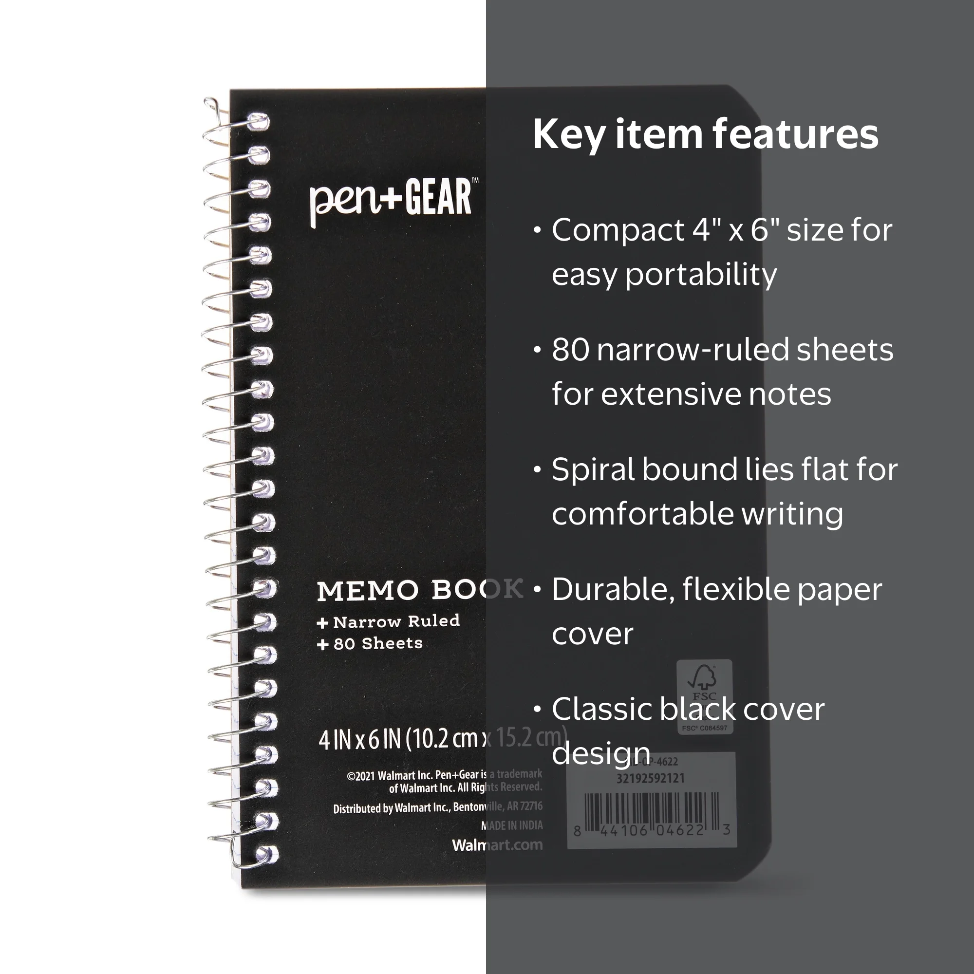 Pen+Gear Memo Book, 4x6 inches, Narrow Ruled, 80 Sheets, Spiral