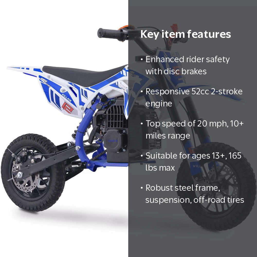 MotoTec Villain 52cc 2-Stroke Teen Youth Mini Gasoline Kids Dirt