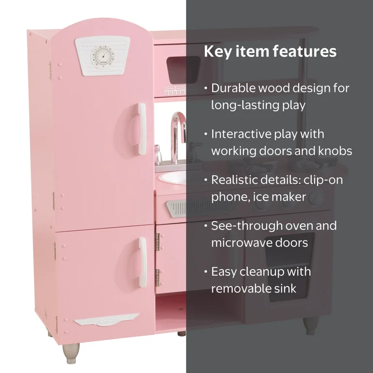 KidKraft Vintage Wooden Play Kitchen with Working Knobs, Pink 