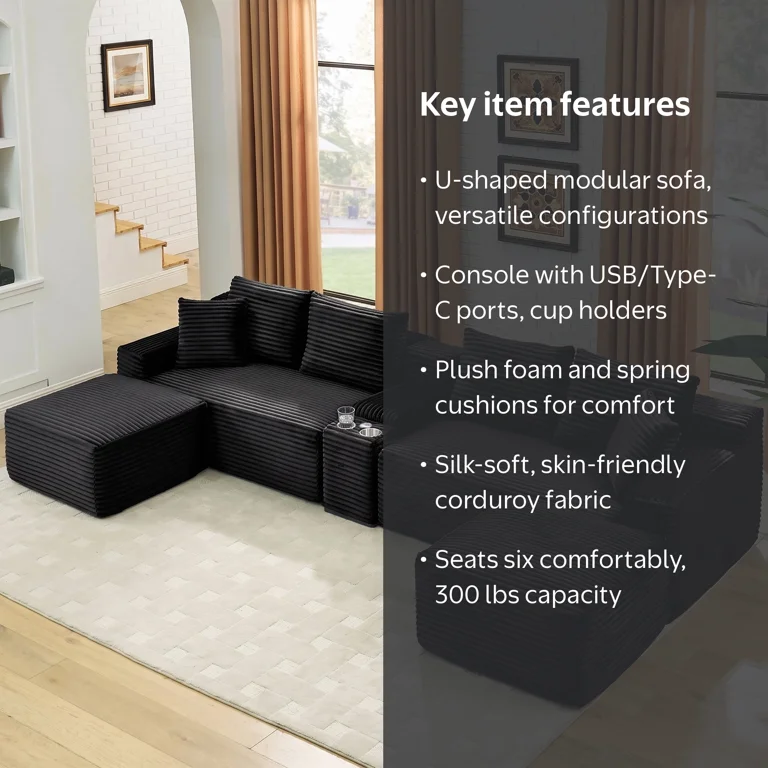 Aukfa 102 inch Sectional Couch Dual Layer Cushions Sofa with Ottoman for Living Room, Chenille, Black