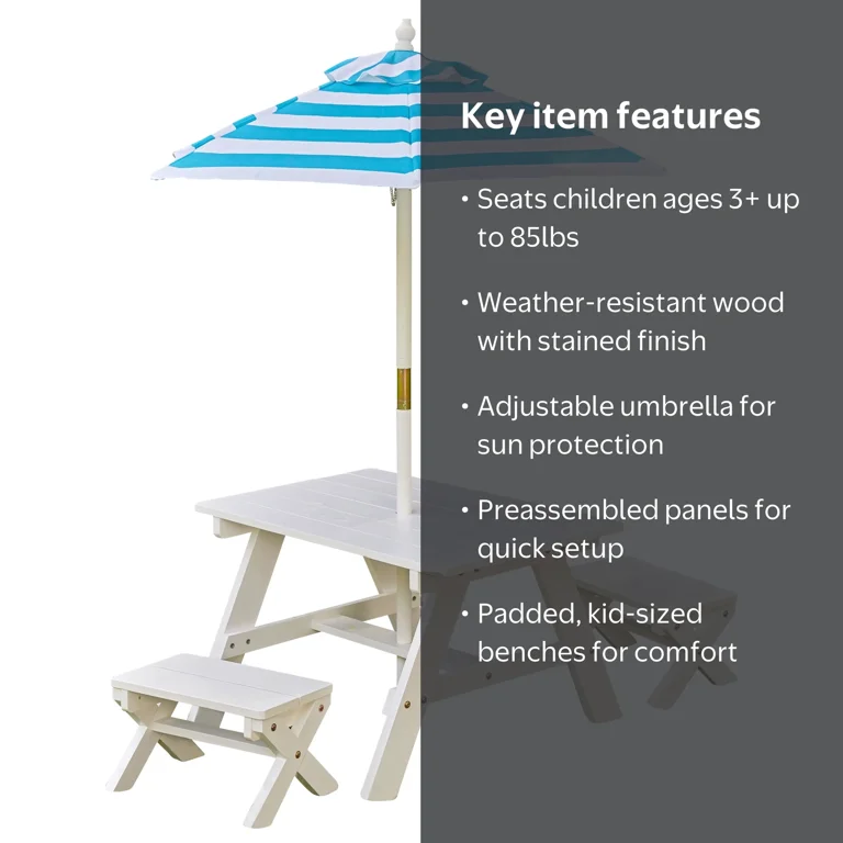 KidKraft Wooden Outdoor Picnic Table & Bench Set, White, Turquoise
