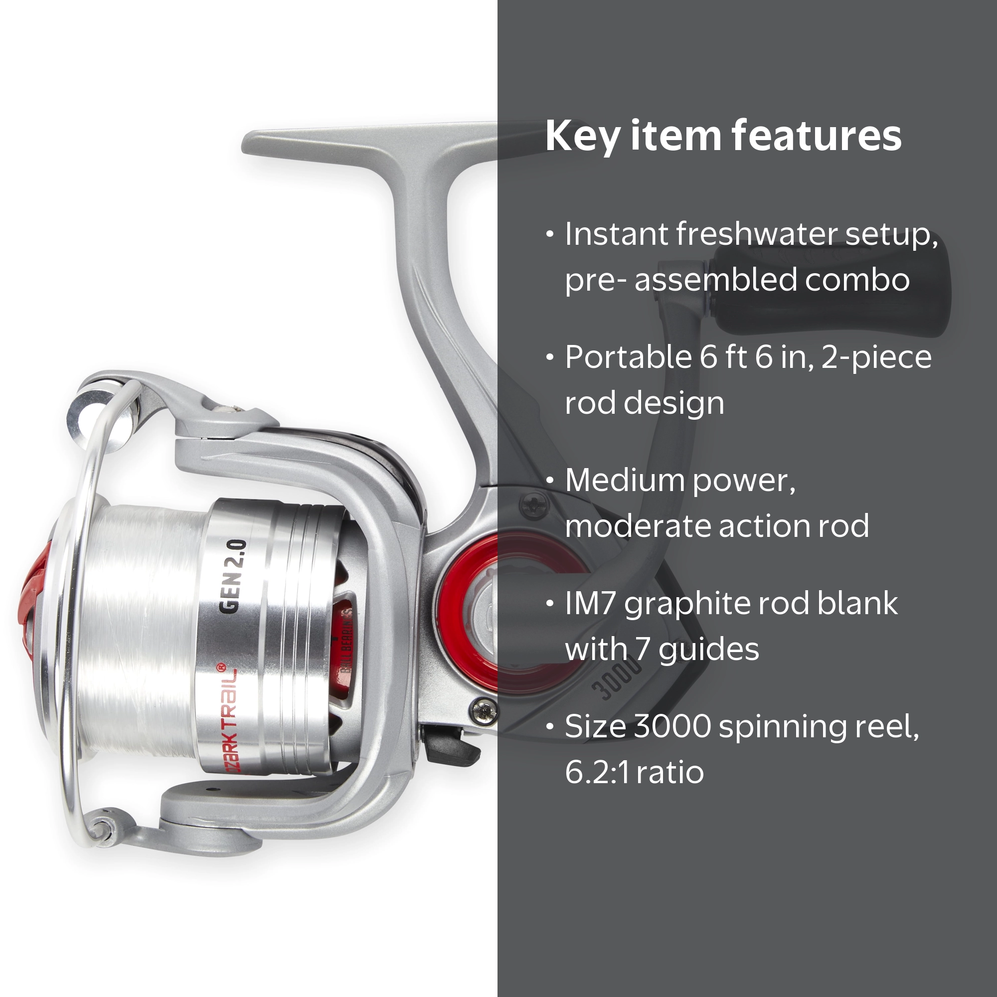 Ozark Trail Gen2 6 ft 6 in 2-Piece Spinning Rod & Reel Combo, Size