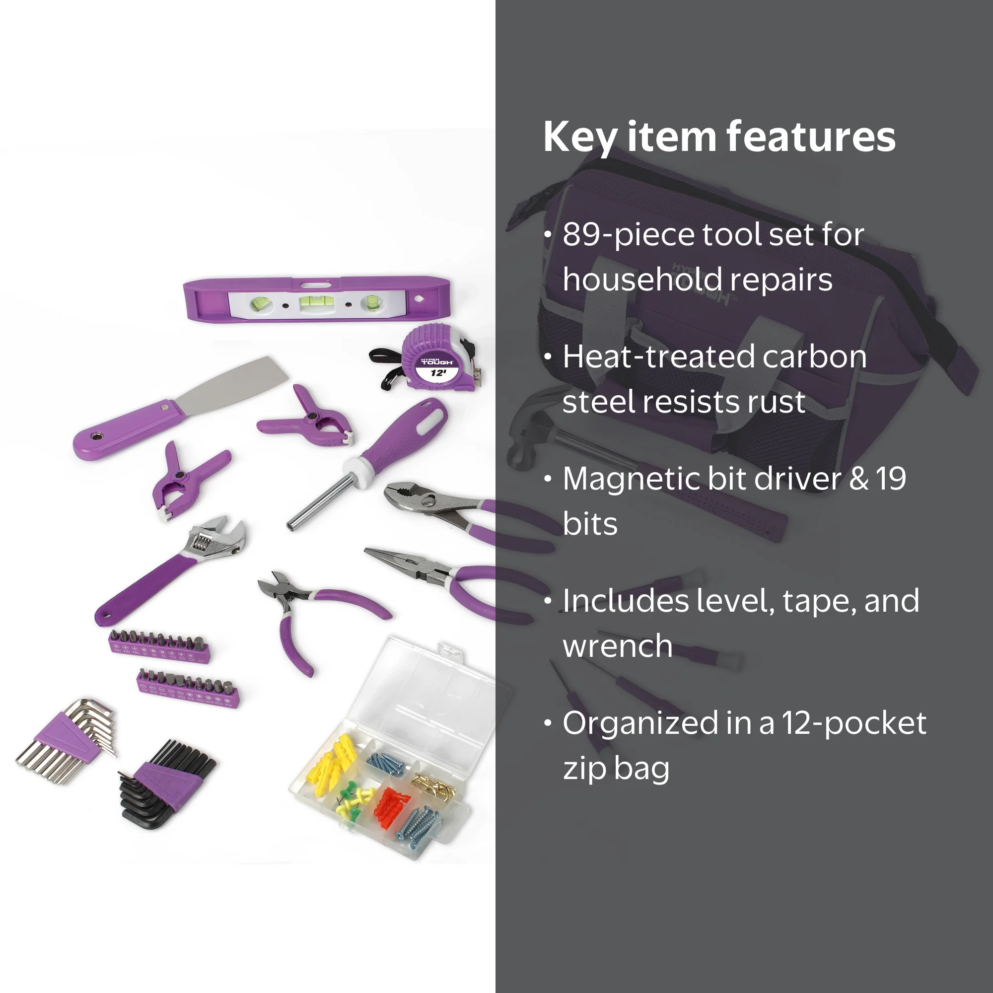 Hyper Tough 89-Piece Household Tool Set, Purple, Model 9199