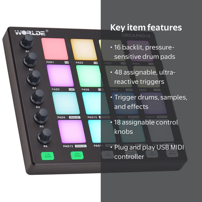 Worlde, MIDI Pad Beat Maker, 16 Drum Pads, Portable USB Controller