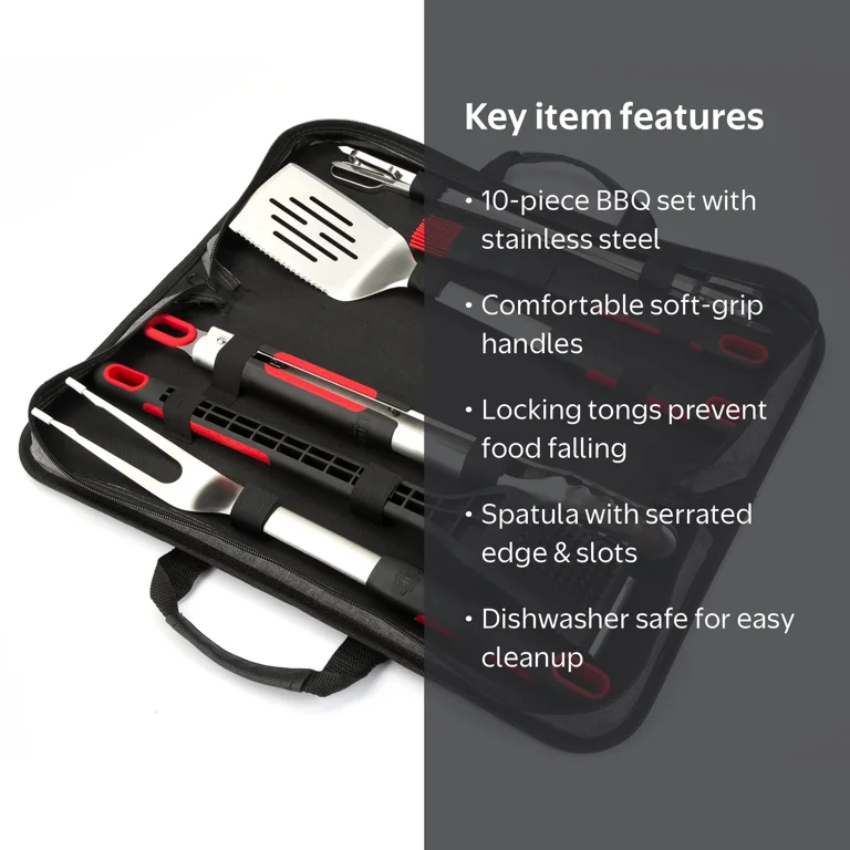 Expert Grill Stainless Steel BBQ Tool Set, Soft Grip Handles, 10