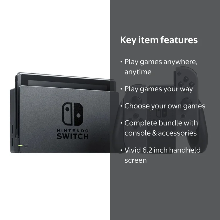 Nintendo Switch Console, Gray Joy-Con, Dock, HDMI Cable, and