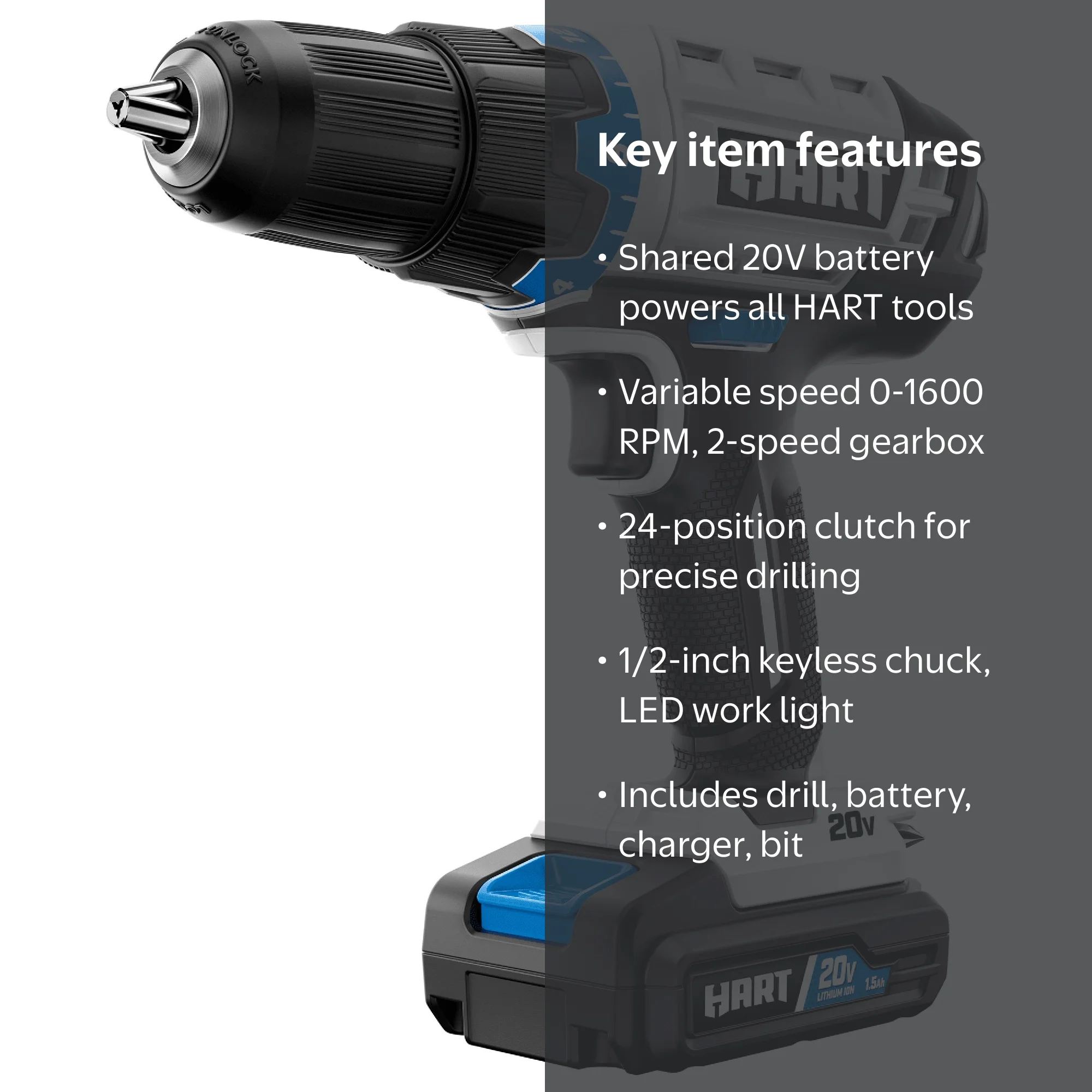 HART 20V Rechargeable Cordless 1/2-inch Drill/Driver Kit with 1.5