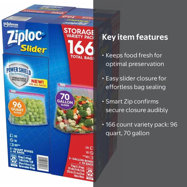 Ziploc Slider Storage Bags 166 Count, Quart 96 ct, Gallon 70 ct