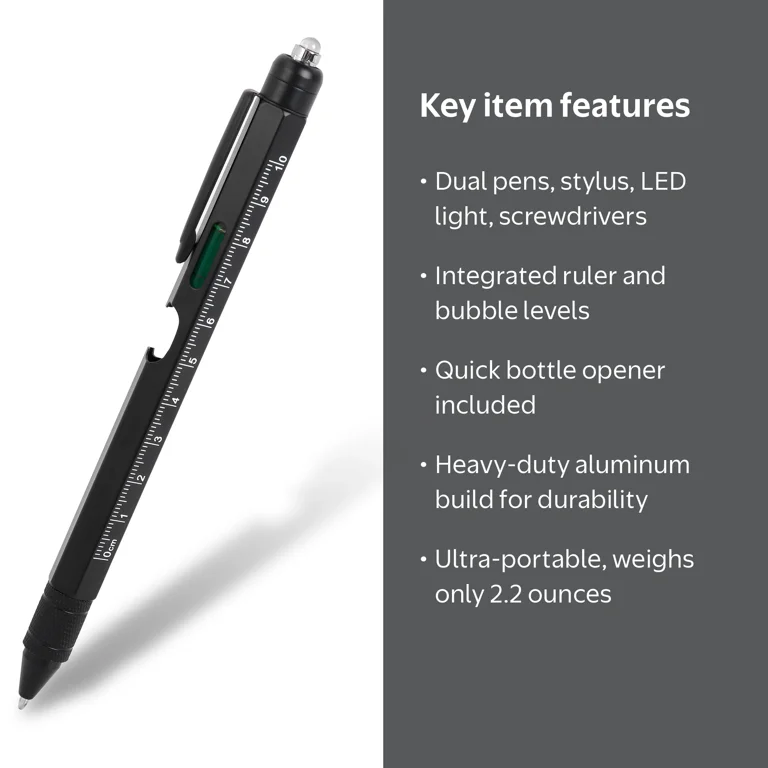 Hyper Tough 8-in-1 Multi-Tool Pen with Stylus LED Light Ruler