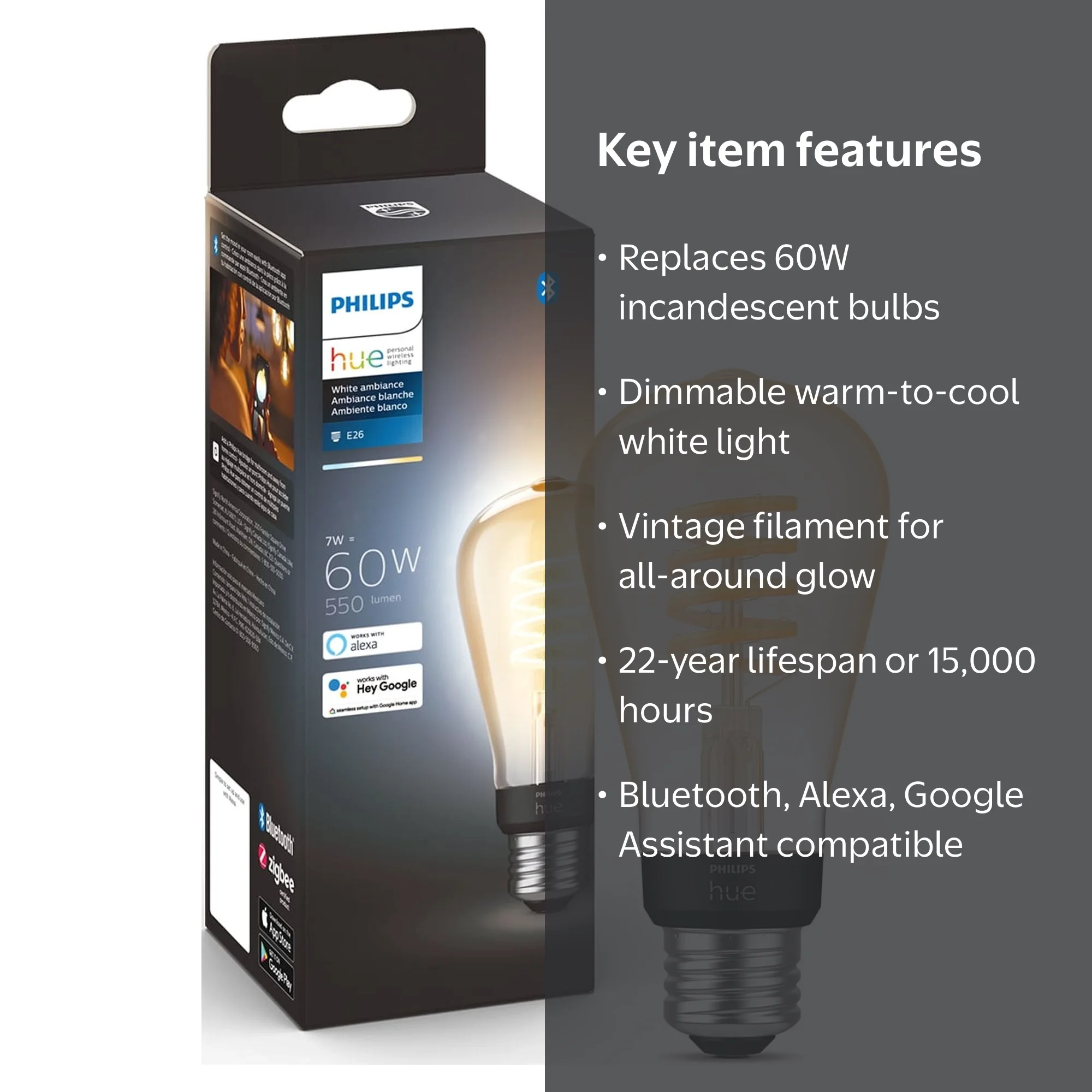 Philips Hue White Ambiance Filament ST19 Bluetooth LED Bulb, 60