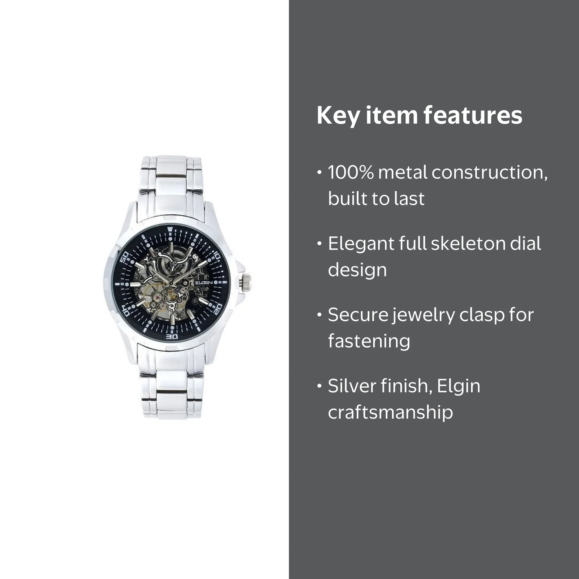 Elgin Adult Male Analog Wristwatch in Silver with Full Skeleton