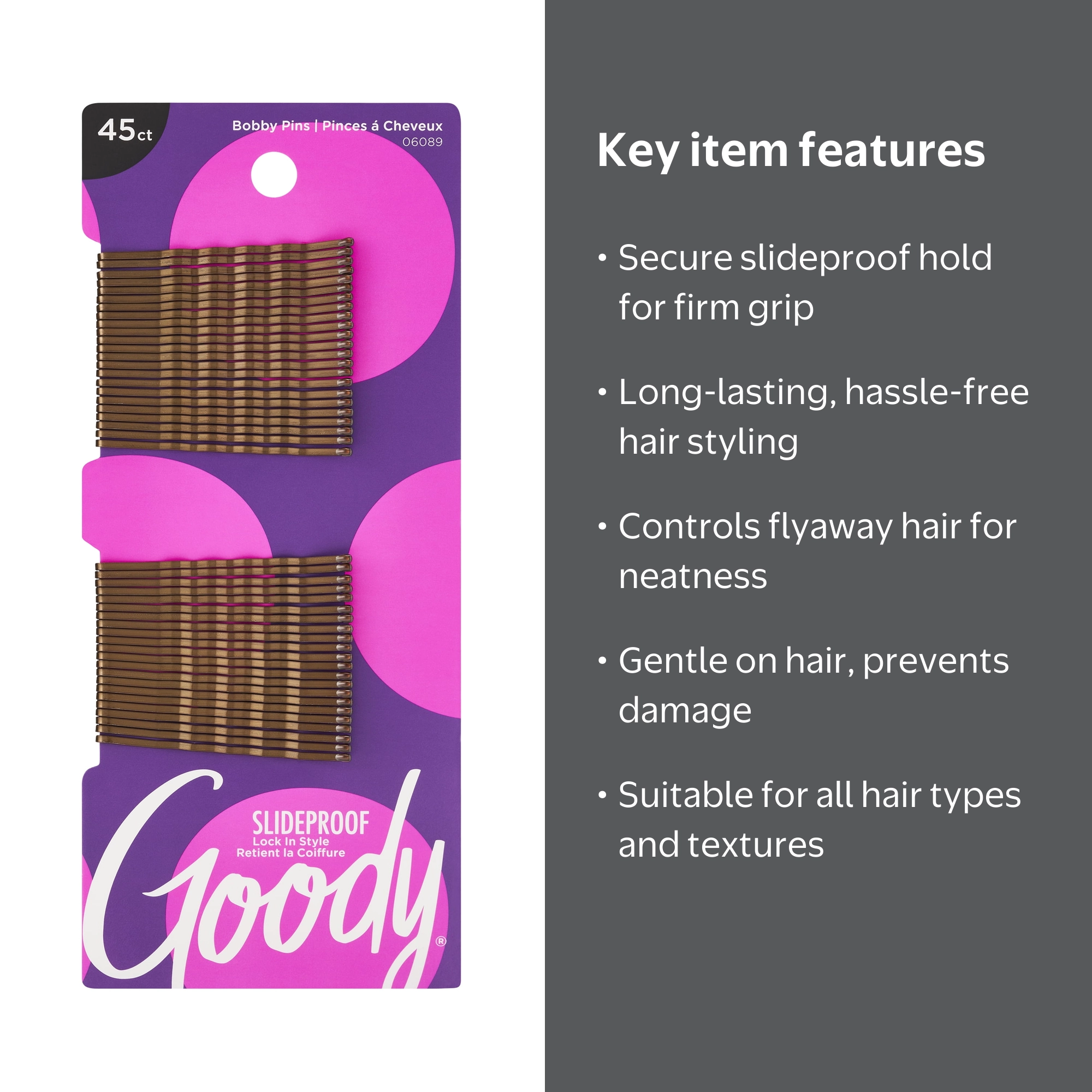 Goody Bobby Pins, Crimped Brown Hair Pins, Secure Hold, 45 
