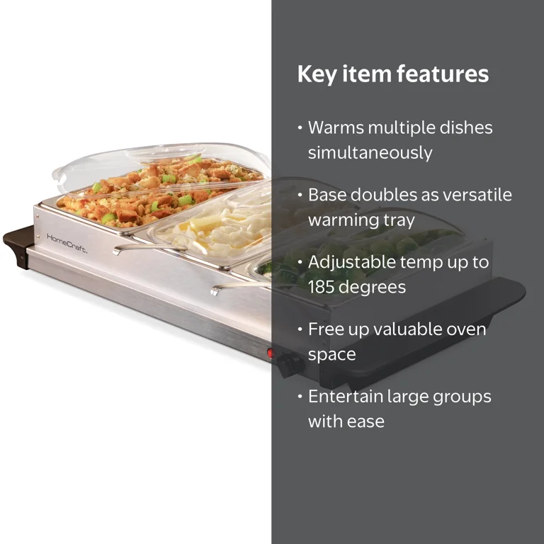 HomeCraft 2.5 qt Buffet Server Food Warmer, 3 Station Warming Tray