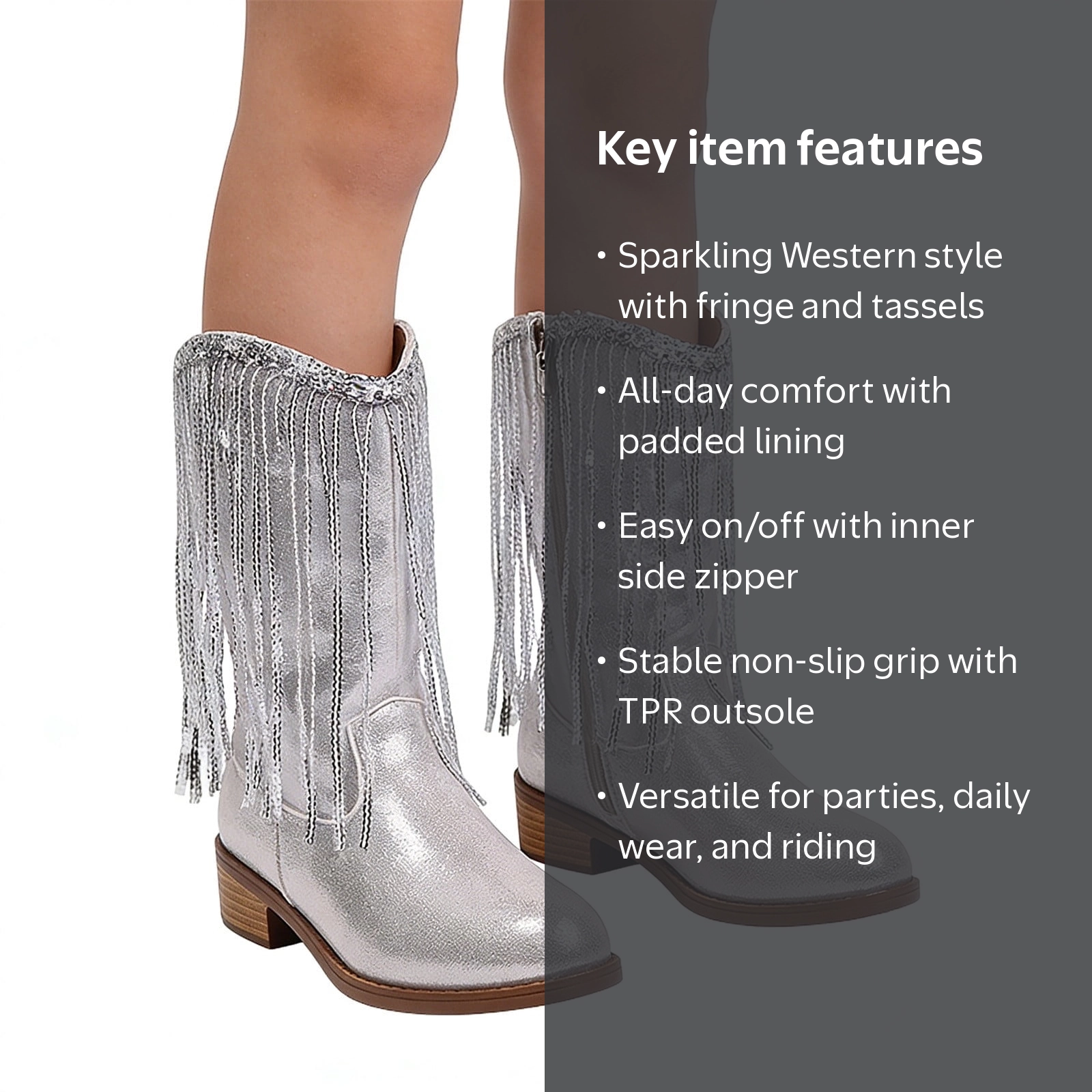 Ticikt Fringe Sparkly Cowboy Boots for Girls Kids Rhinestone Heel