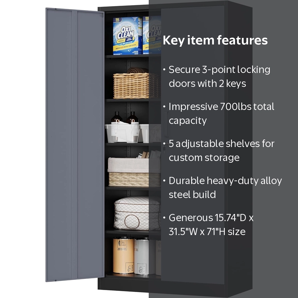 MIIIKO Metal Storage Cabinet with Locking Doors, Black Grey Garage