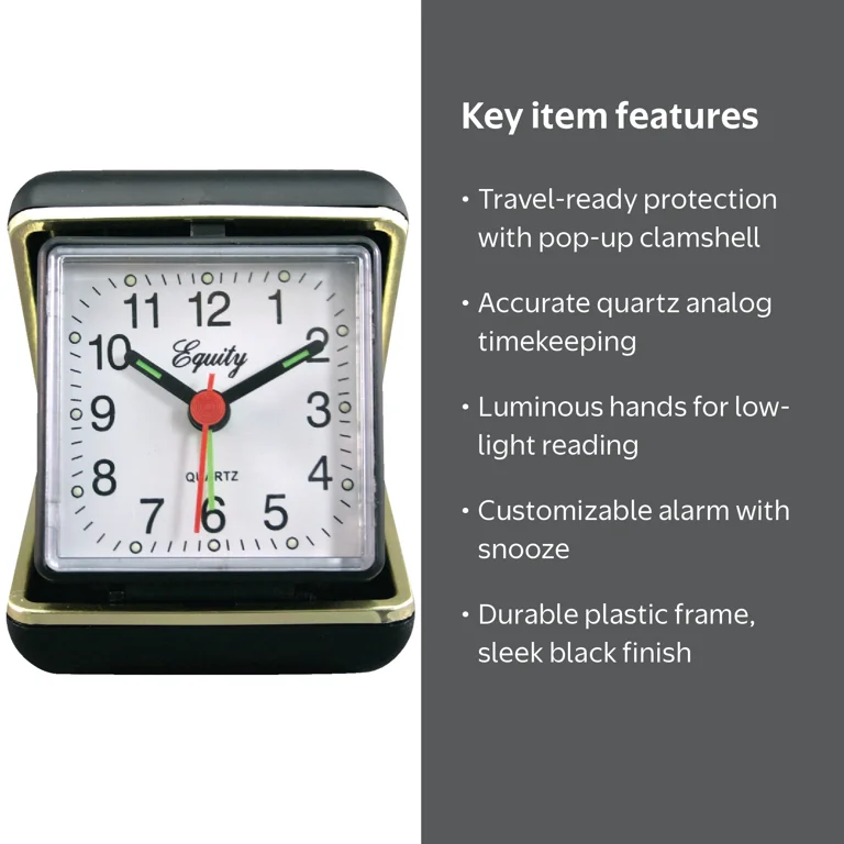 LA Crosse Technology Advance Black Case Quartz Analog Clamshell Travel Alarm Clock