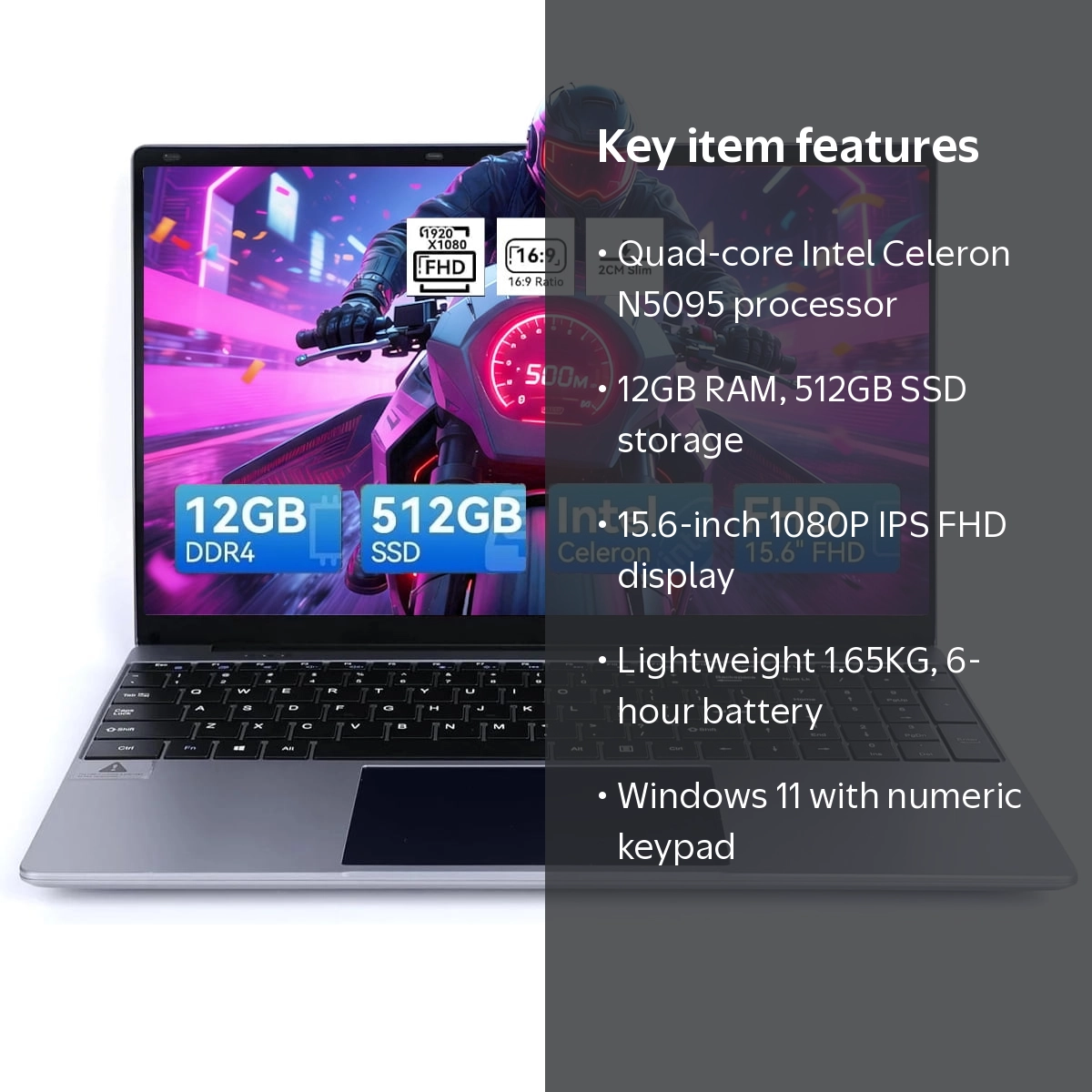 15.6'' AEEZO Laptop, Intel Celeron N5095, 12GB DDR4, 512GB SSD