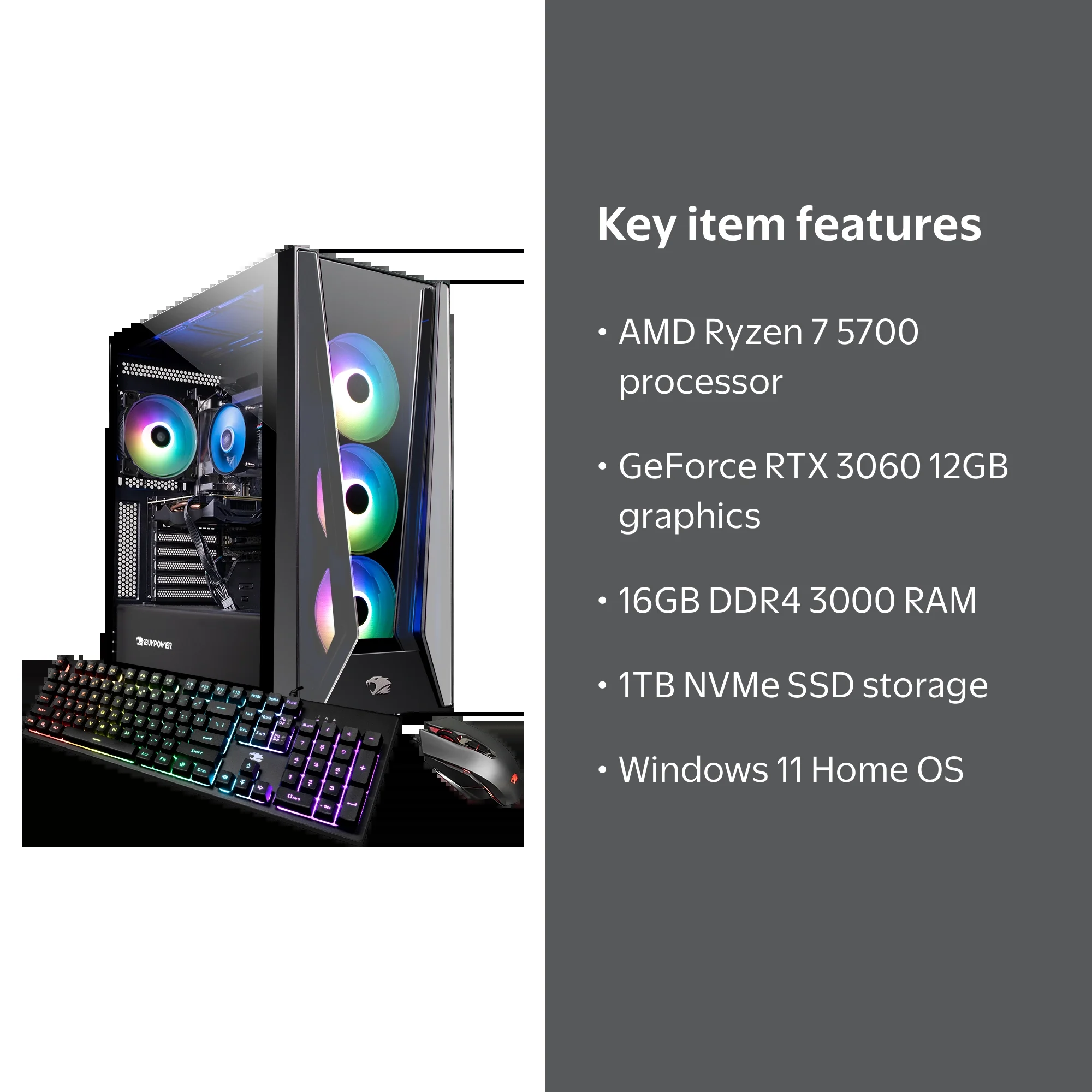iBUYPOWER AMD Ryzen 7 5700 Gaming Desktop PC with RTX 3060 12GB
