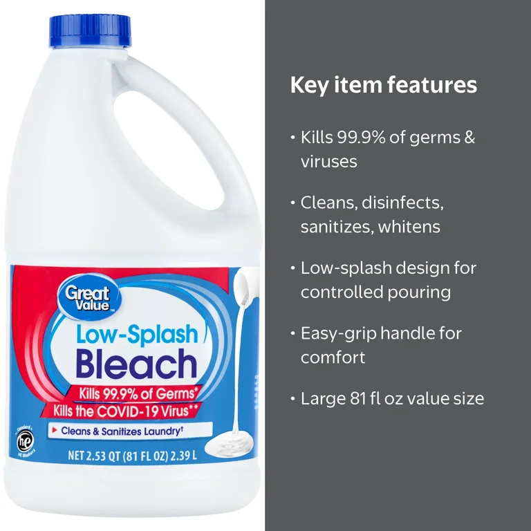 Great Value Low-Splash Bleach, 81 fl oz disinfects surfaces kills
