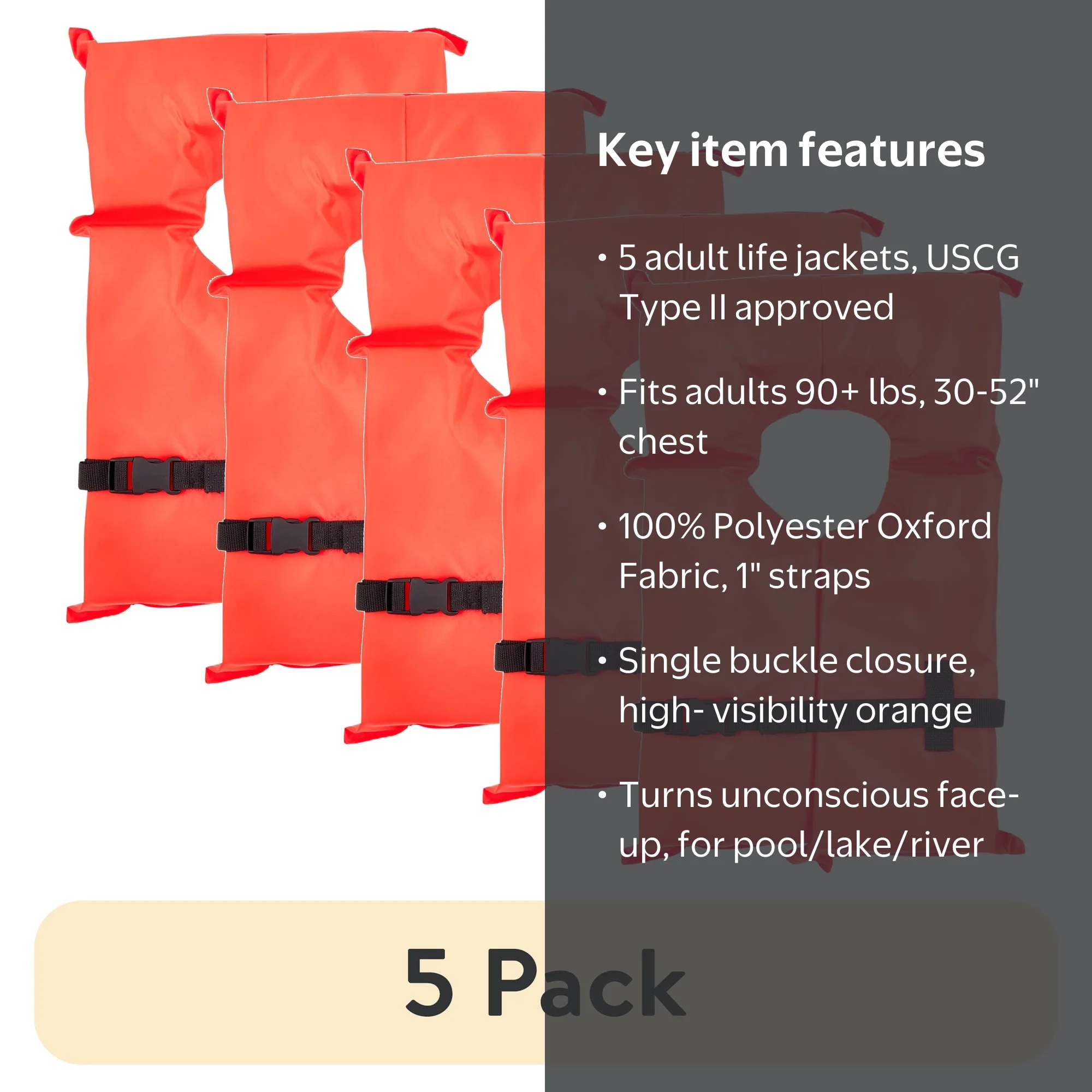 5 pack) X2O U.S. Coast Guard Approved Type II Adult Life Jacket