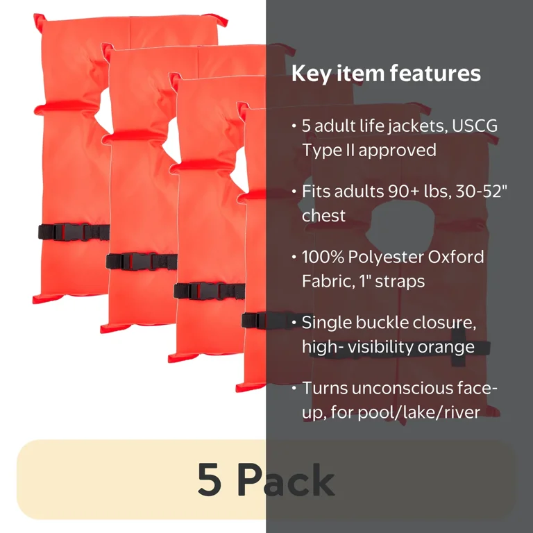 5 pack) X2O U.S. Coast Guard Approved Type II Adult Life Jacket