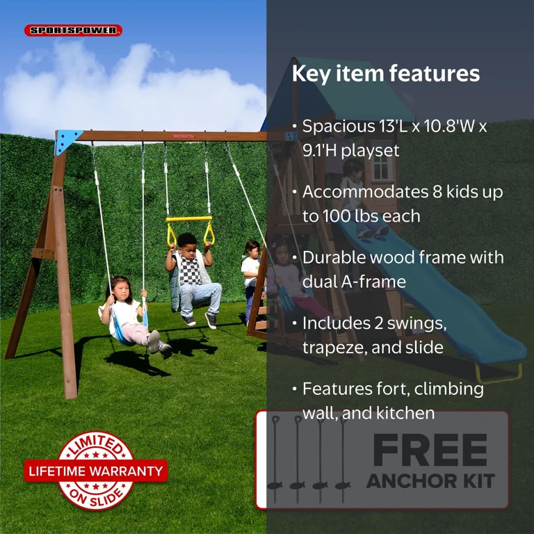 Sportspower Lakeview Wooden Swing Set with Slide, Belt Swings