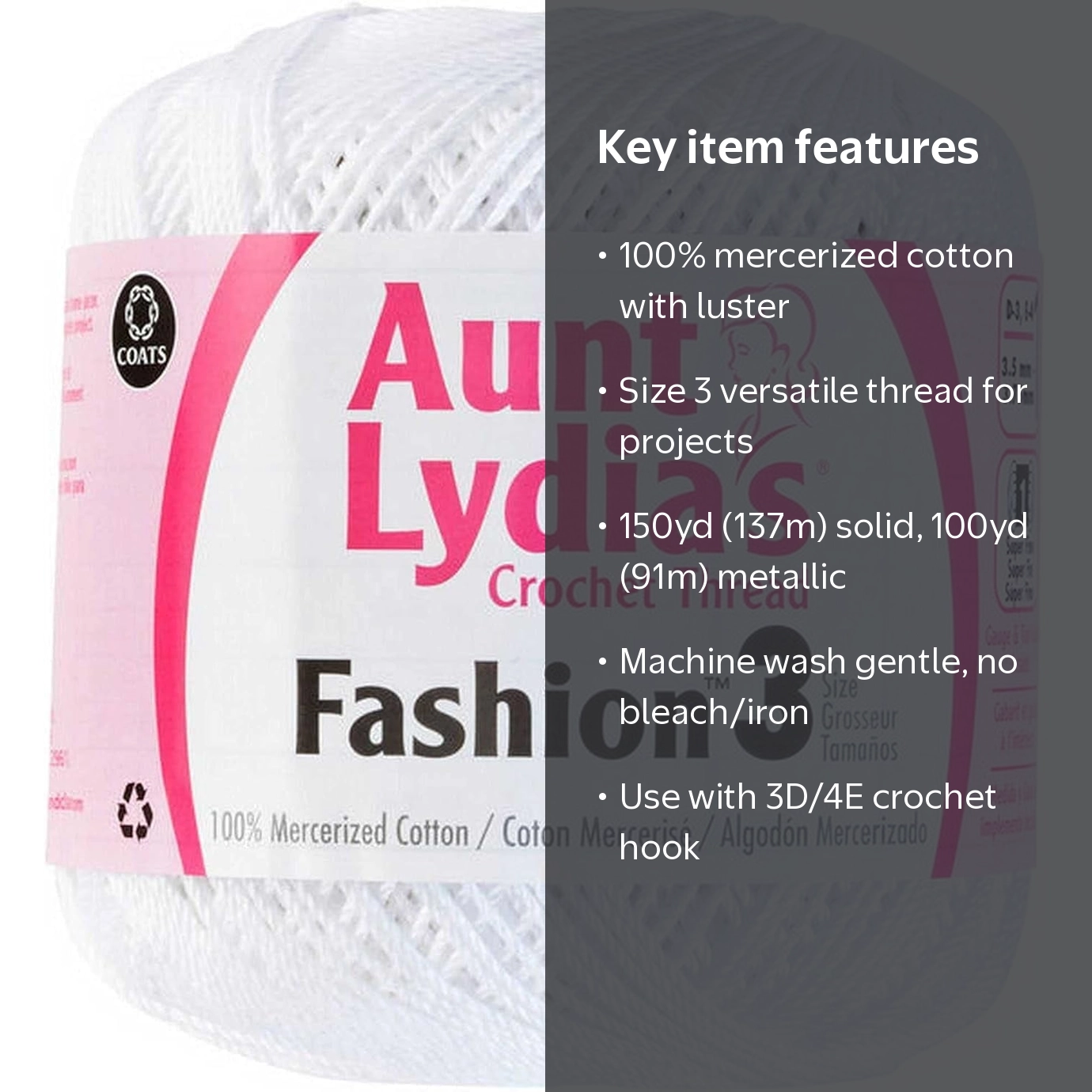Coats & Clark, Aunt Lydia's Fashion Crochet Thread Size 3, White