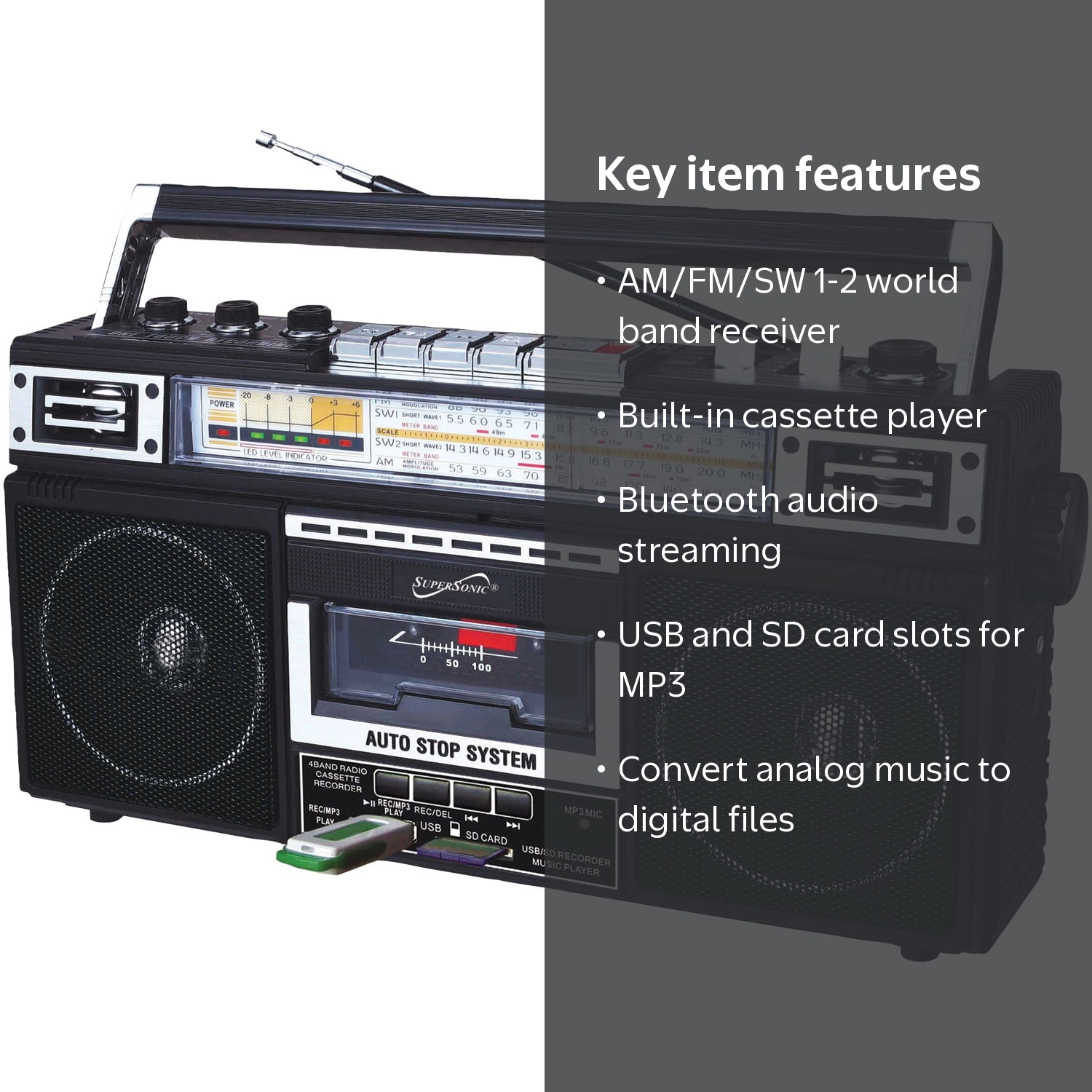 Supersonic Sc-3201bt-bk Retro 4-band Radio And Cassette Player