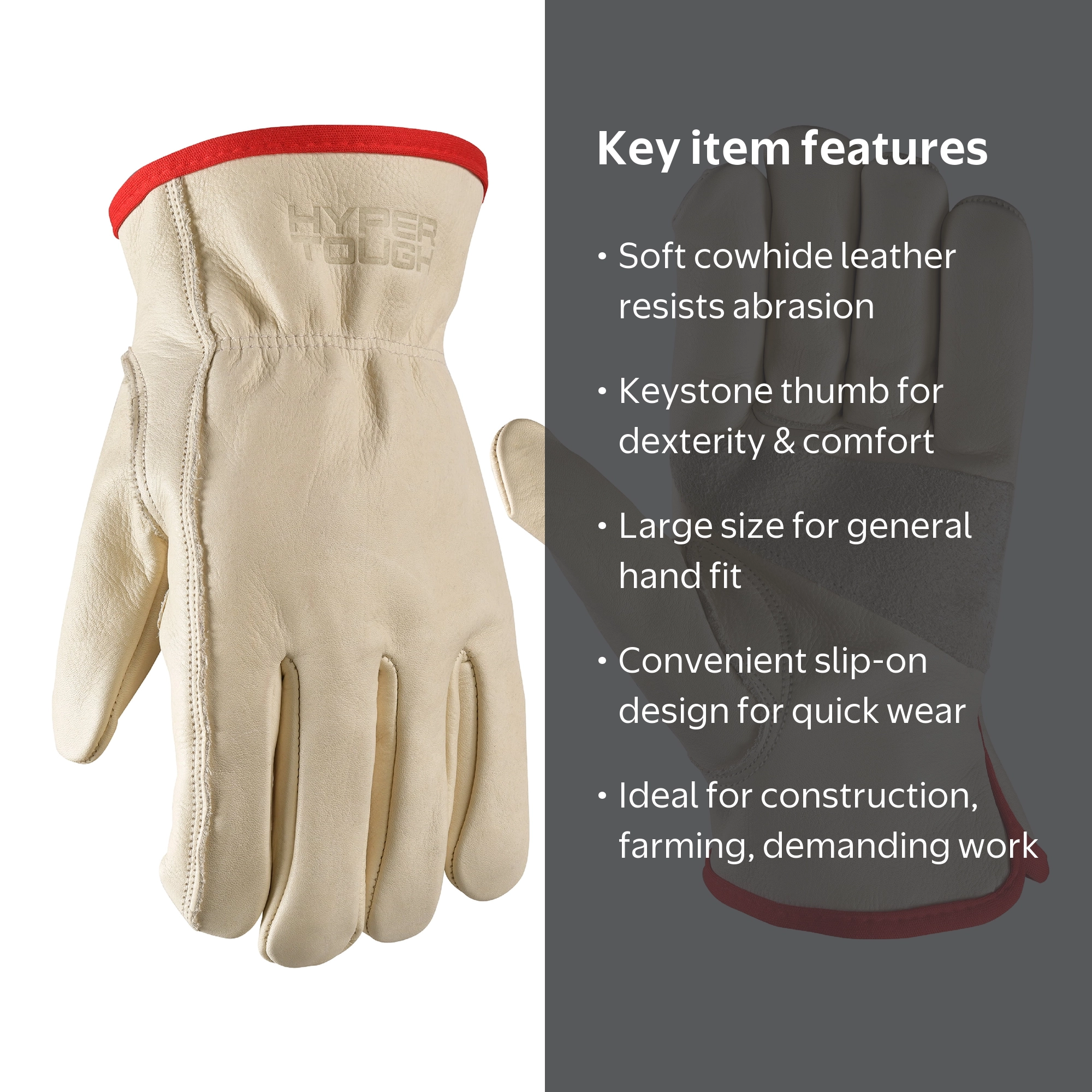 Hyper Tough Leather Work Gloves, Cowhide Leather, Beige, Large for