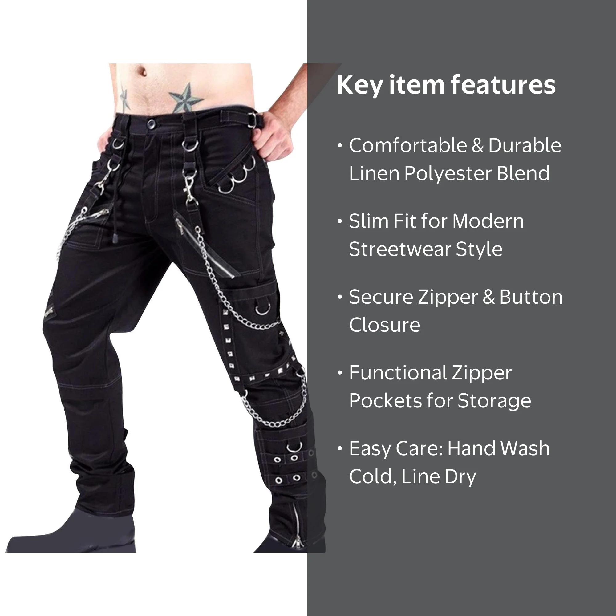 YLSDY Men's Gothic Punk Pants Cargo Trousers with Chains Studs