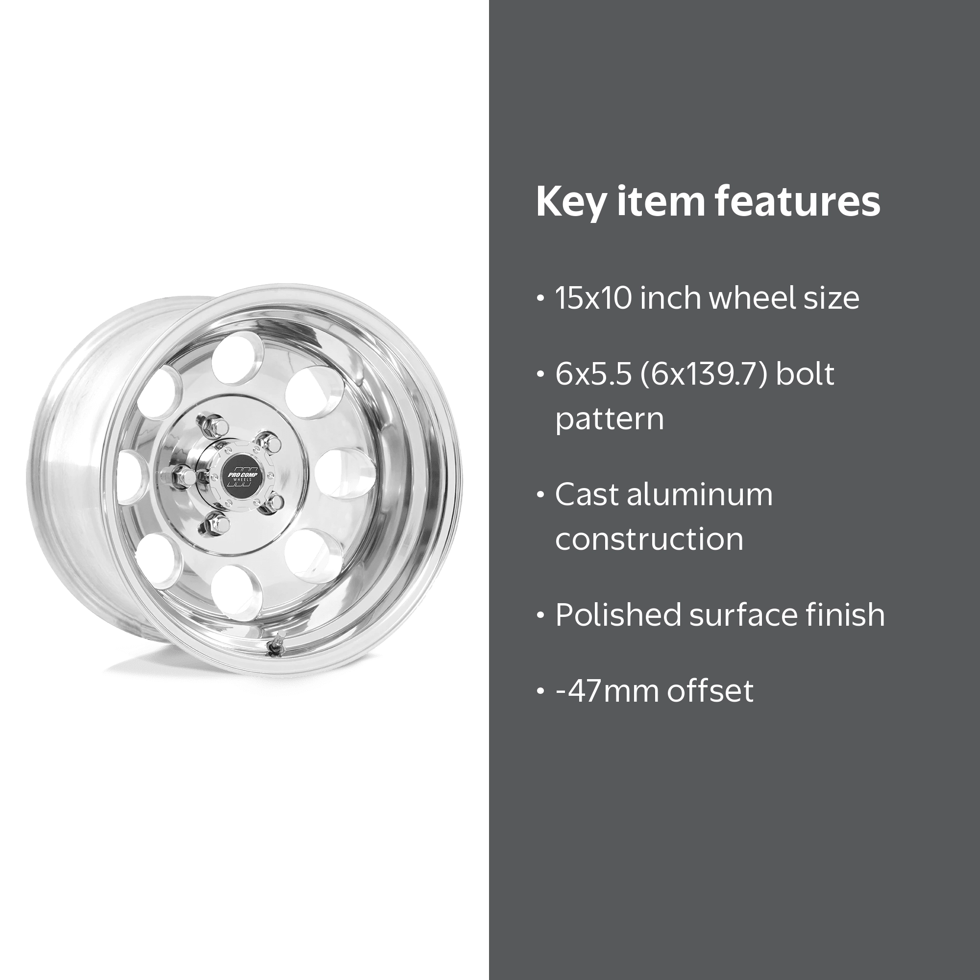 Pro Comp Cast Aluminum Wheel PXA69 15x10 6x5.5 POLISH -47mm