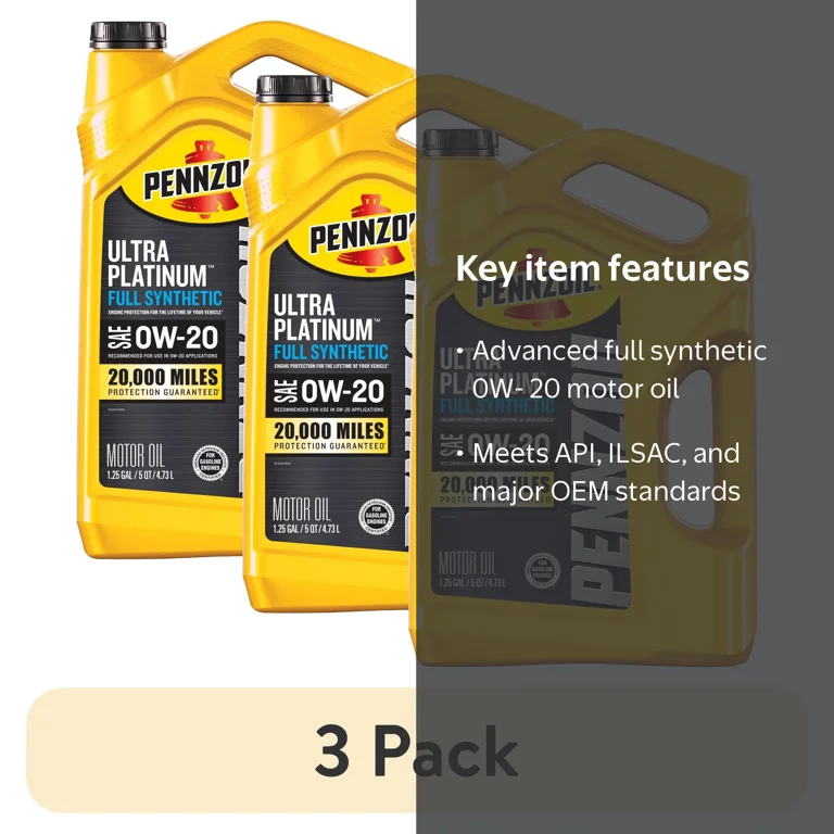 3 pack) Pennzoil Ultra Platinum Full Synthetic 0W-20 Motor Oil, 5