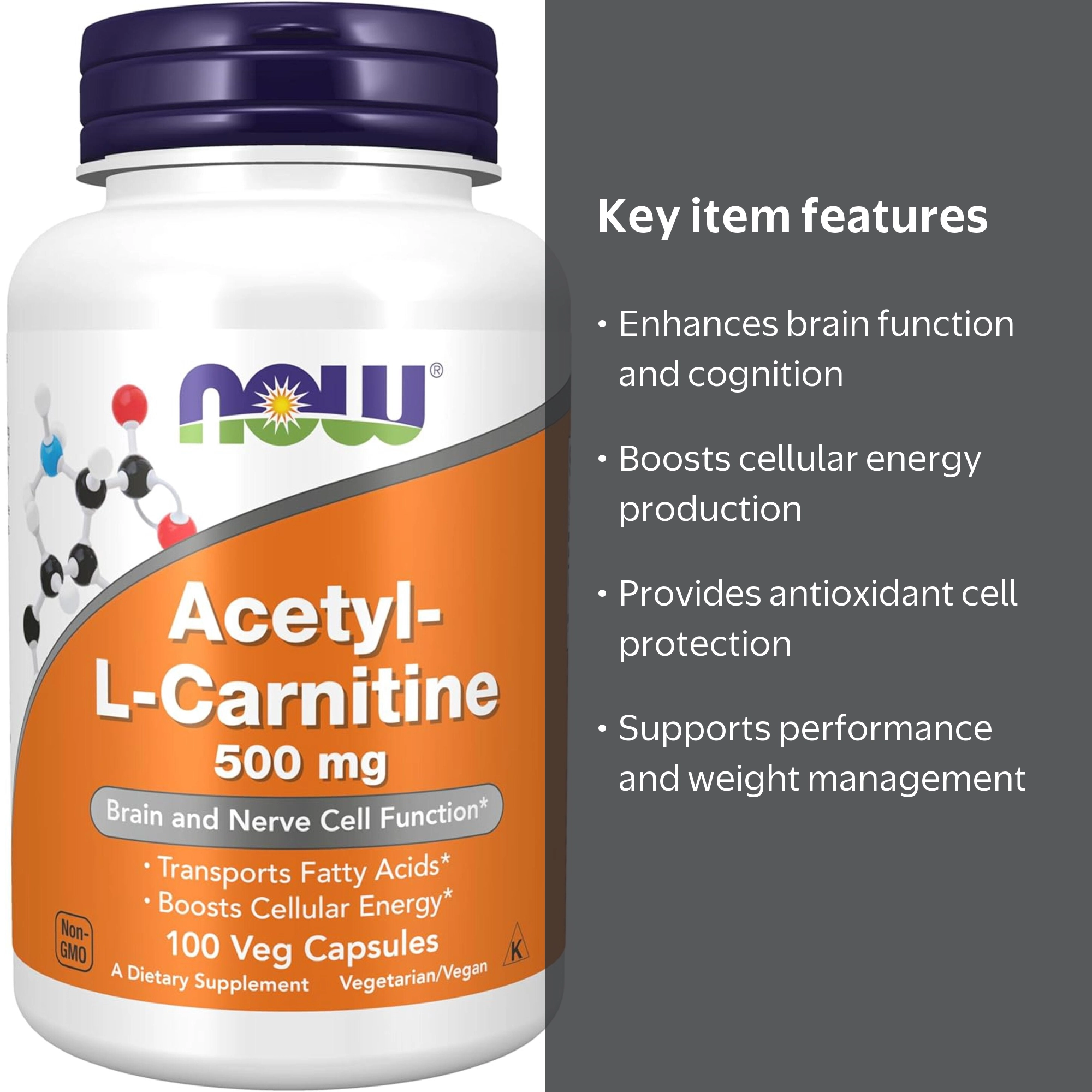 NOW Foods Acetyl-L Carnitine, Cognitive Support, Vegetarian Supplement, 500 mg, 100 Capsules