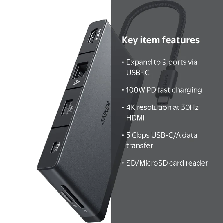 Anker, Hub, 9-in-1, 100W PD, 4K HDMI, USB ports, Ethernet, SD