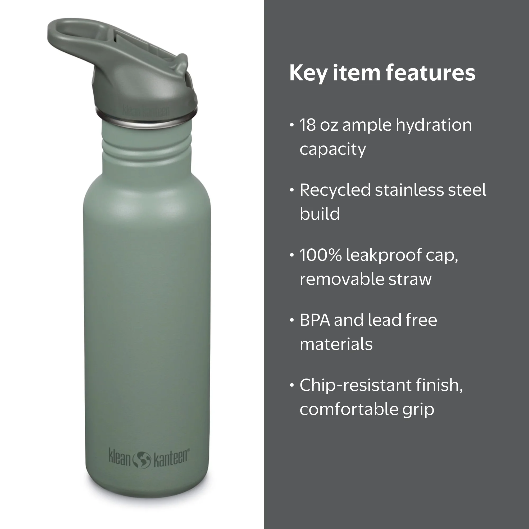 Klean Kanteen, Water Bottle, 18 oz, Leakproof Sport Cap & Straw