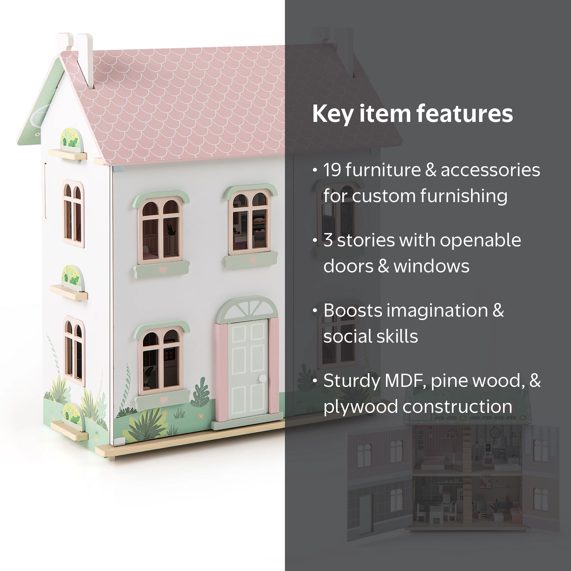 Gymax Kids Wooden Dollhouse w/ Double-Sided Roofs & Openable Doors