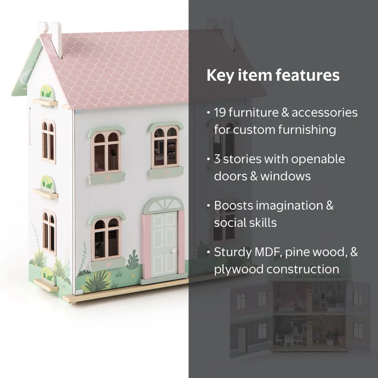 Gymax Kids Wooden Dollhouse w/ Double-Sided Roofs & Openable Doors