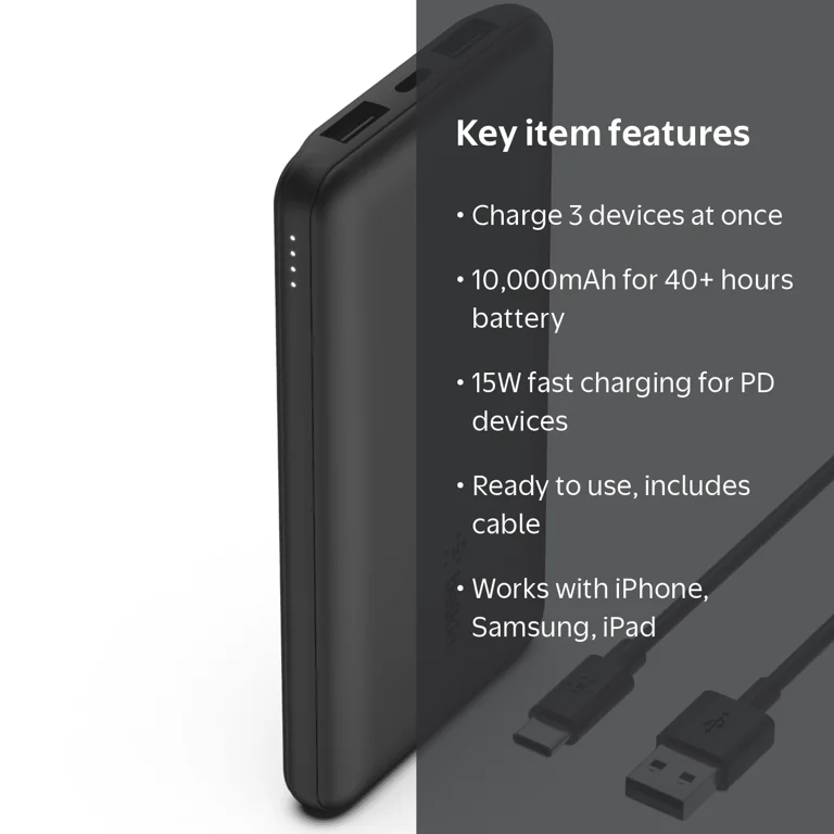 Belkin, USB-C Portable Charger, 10K Power Bank, 3 Ports Fast