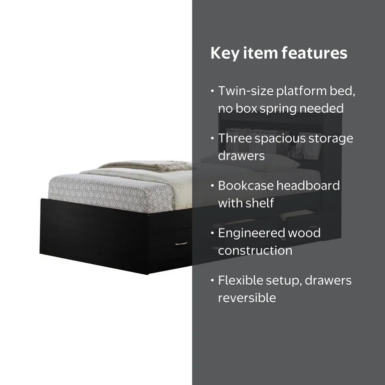 Hodedah, Twin-Size Captain Bed, with 3-Drawers and Headboard in